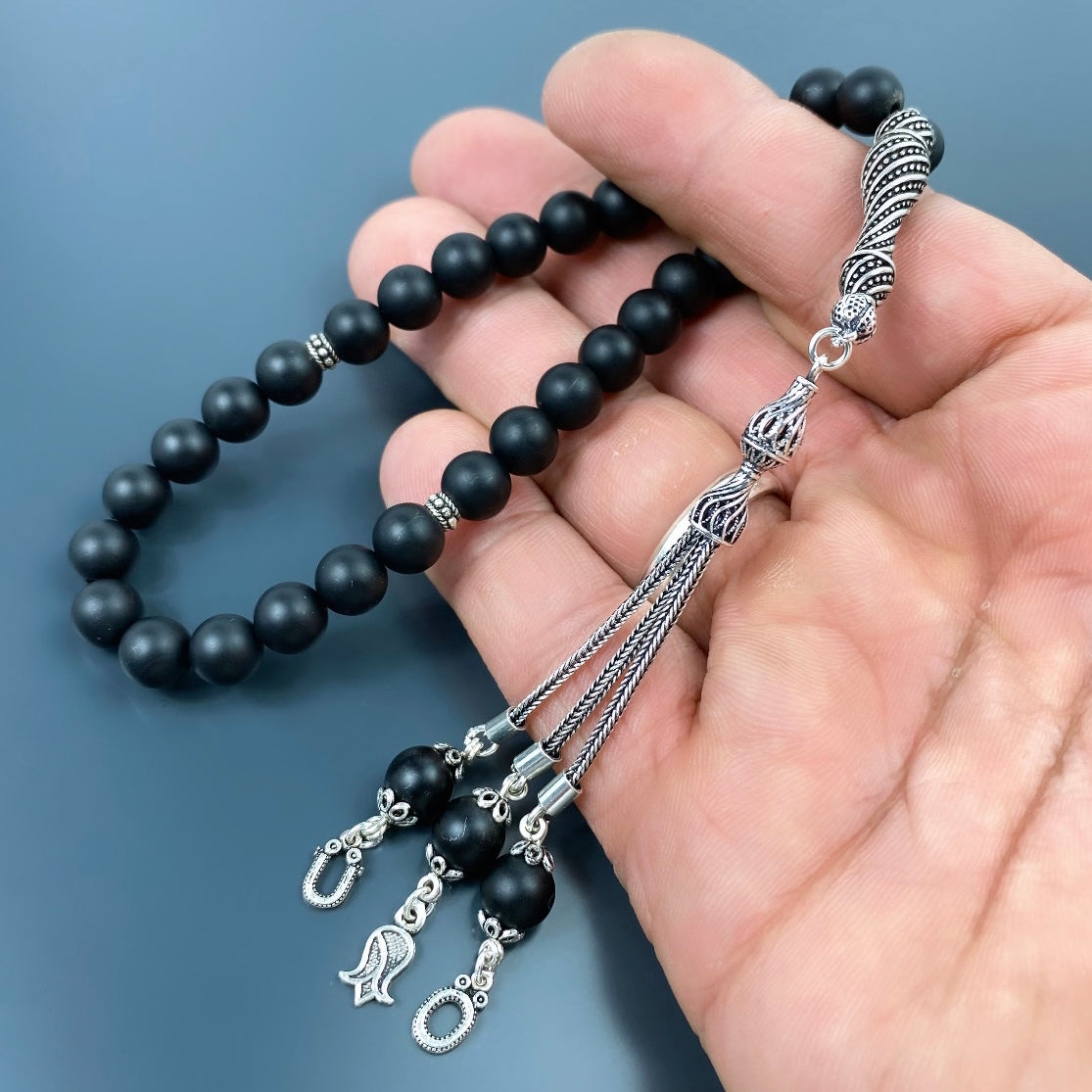 Tesbih Onyx matt Naturstein 925 Silber mit Logo und Buchstaben