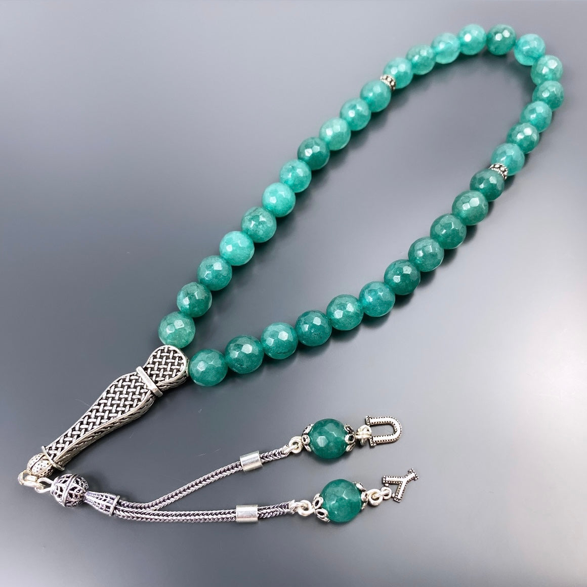Tesbih Jade Naturstein 925 Silber mit Buchstaben