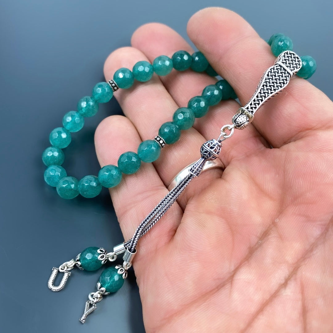Tesbih Jade Naturstein 925 Silber mit Buchstaben