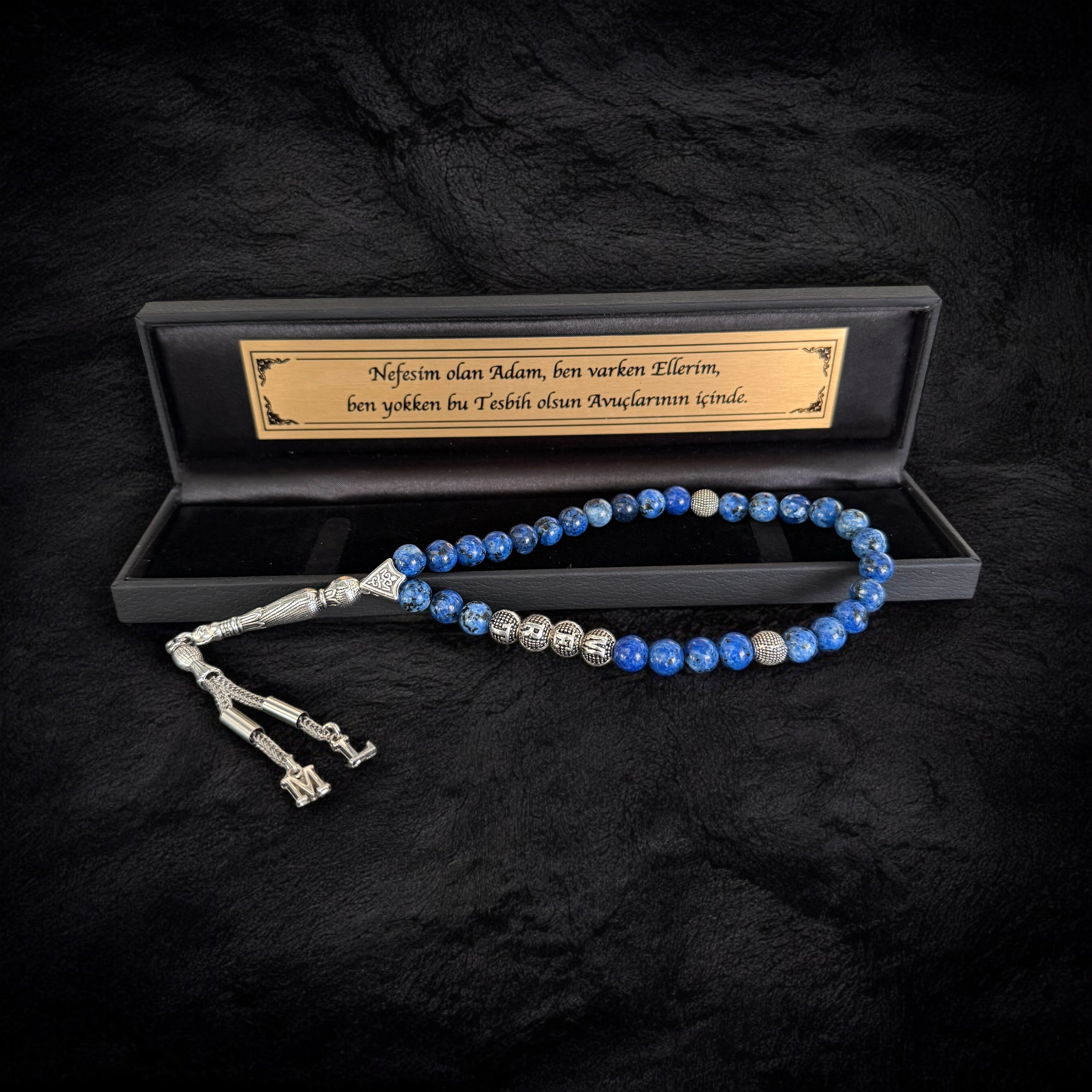 Tesbih mit Namen Black OLD Box Blau Marmor Jade mit Wunschtext