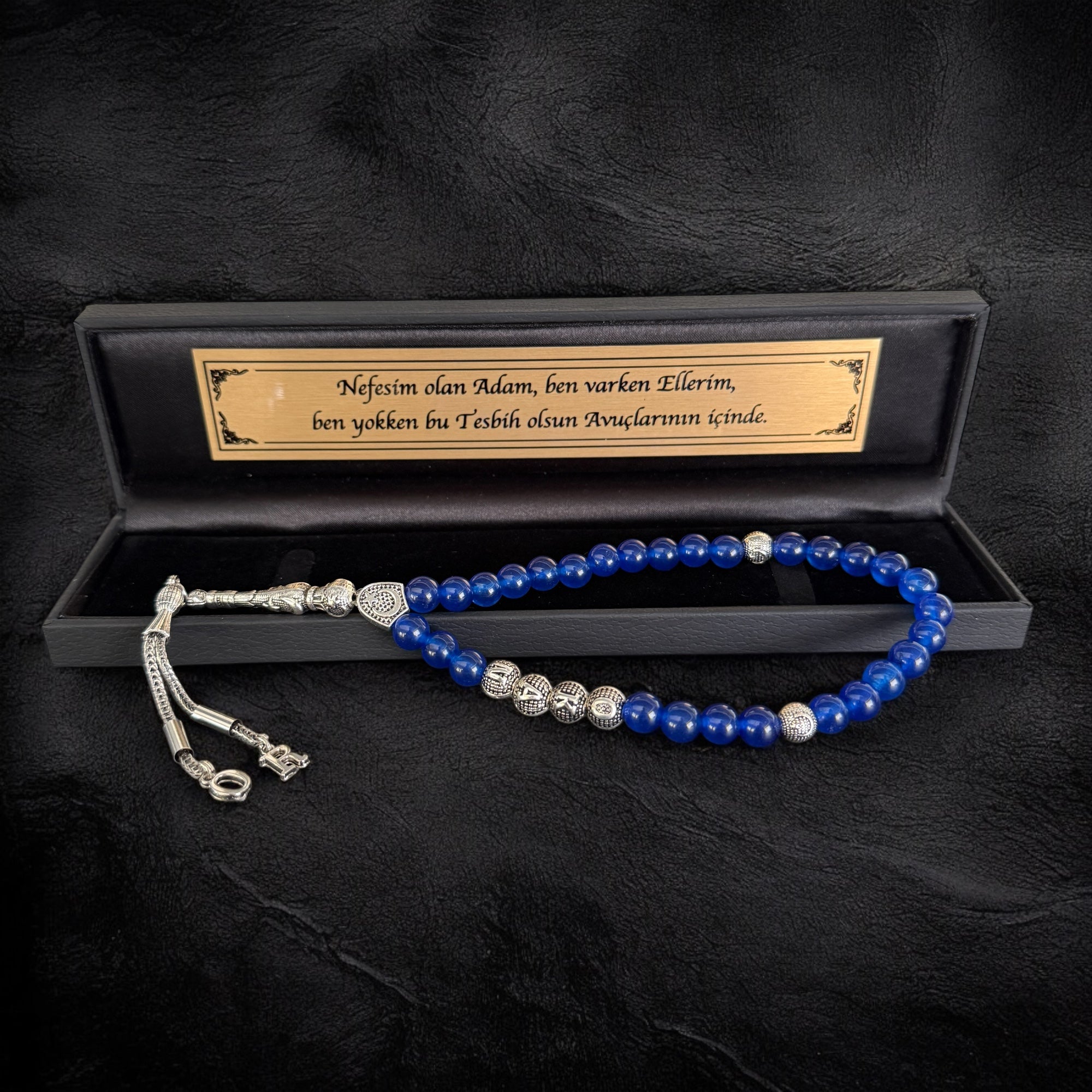 Tesbih mit Namen Black OLD Box Dunkel Blau Jade mit Wunschtext