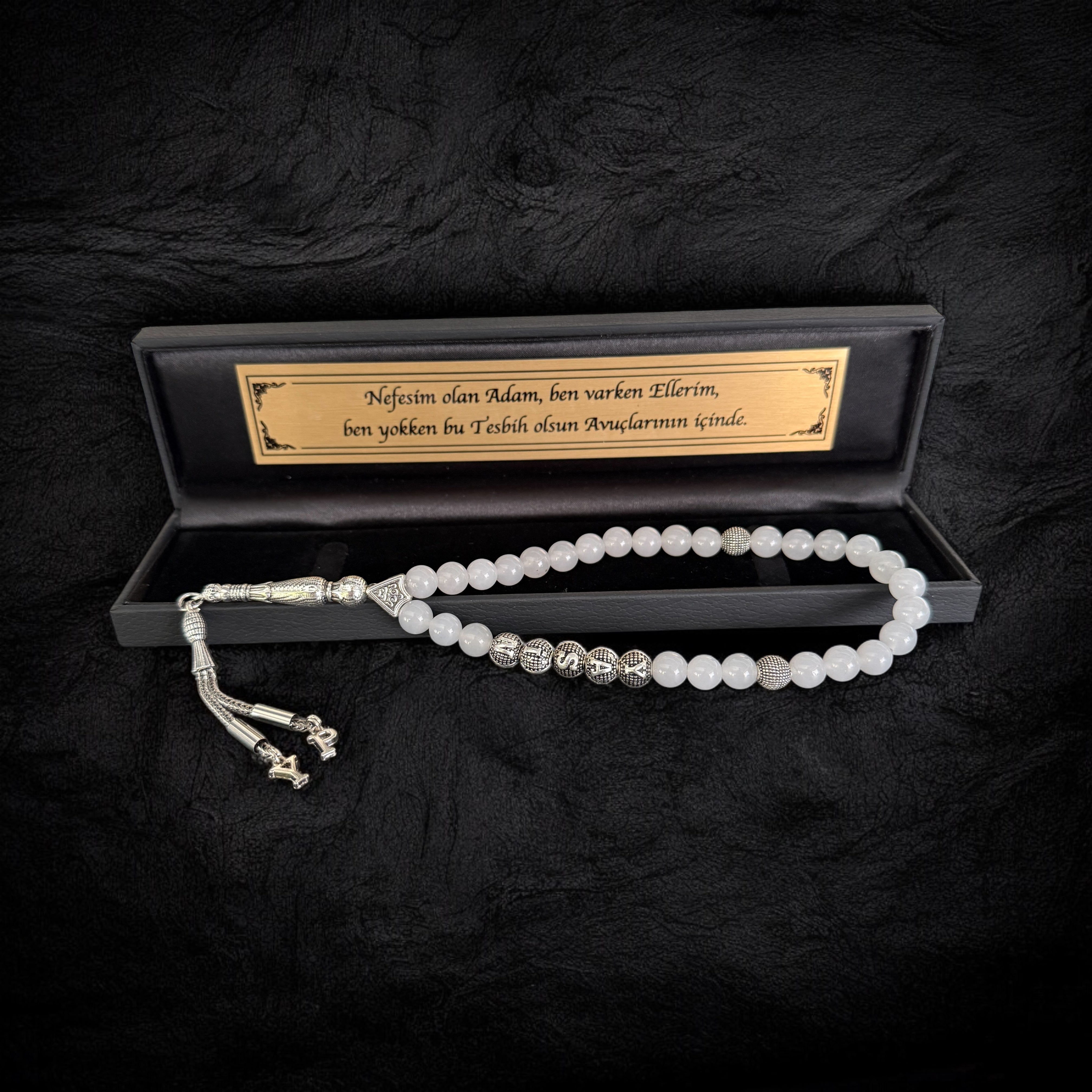 Tesbih mit Namen Black OLD Box Grau Jade mit Wunschtext