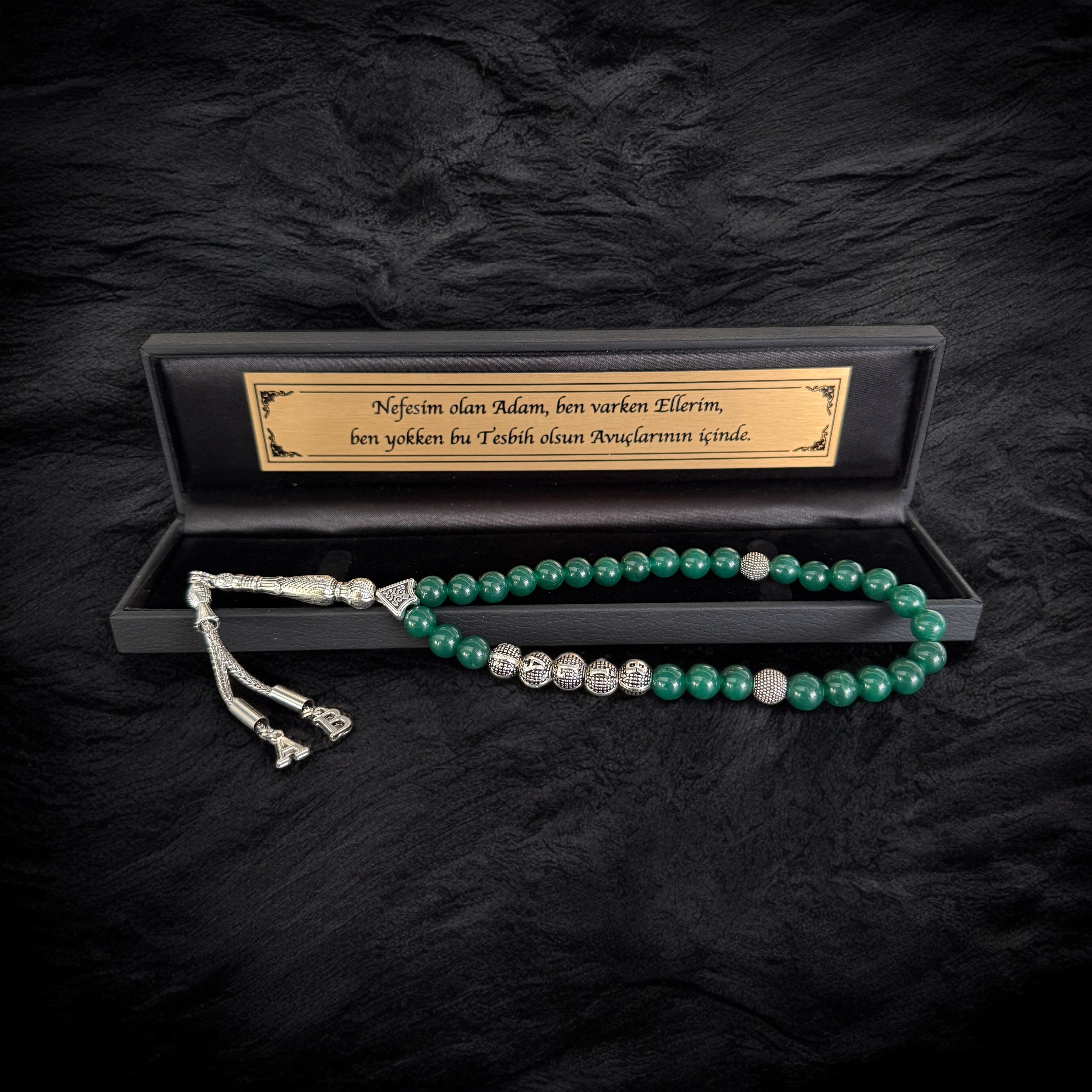 Tesbih mit Namen Black OLD Box Dunkel Grün Jade mit Wunschtext