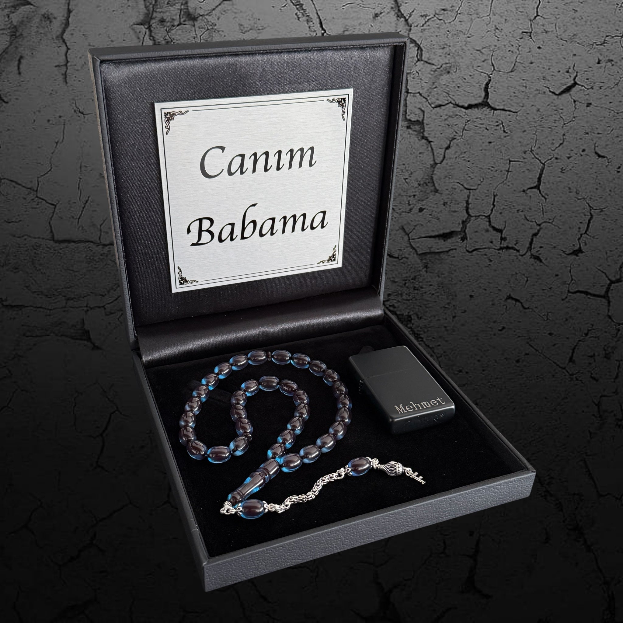 Kehribar Tesbih Sıkma 925 Silber Kapsül Sky Blue 1 Buchstaben mit Feuerzeug und Geschenkbox