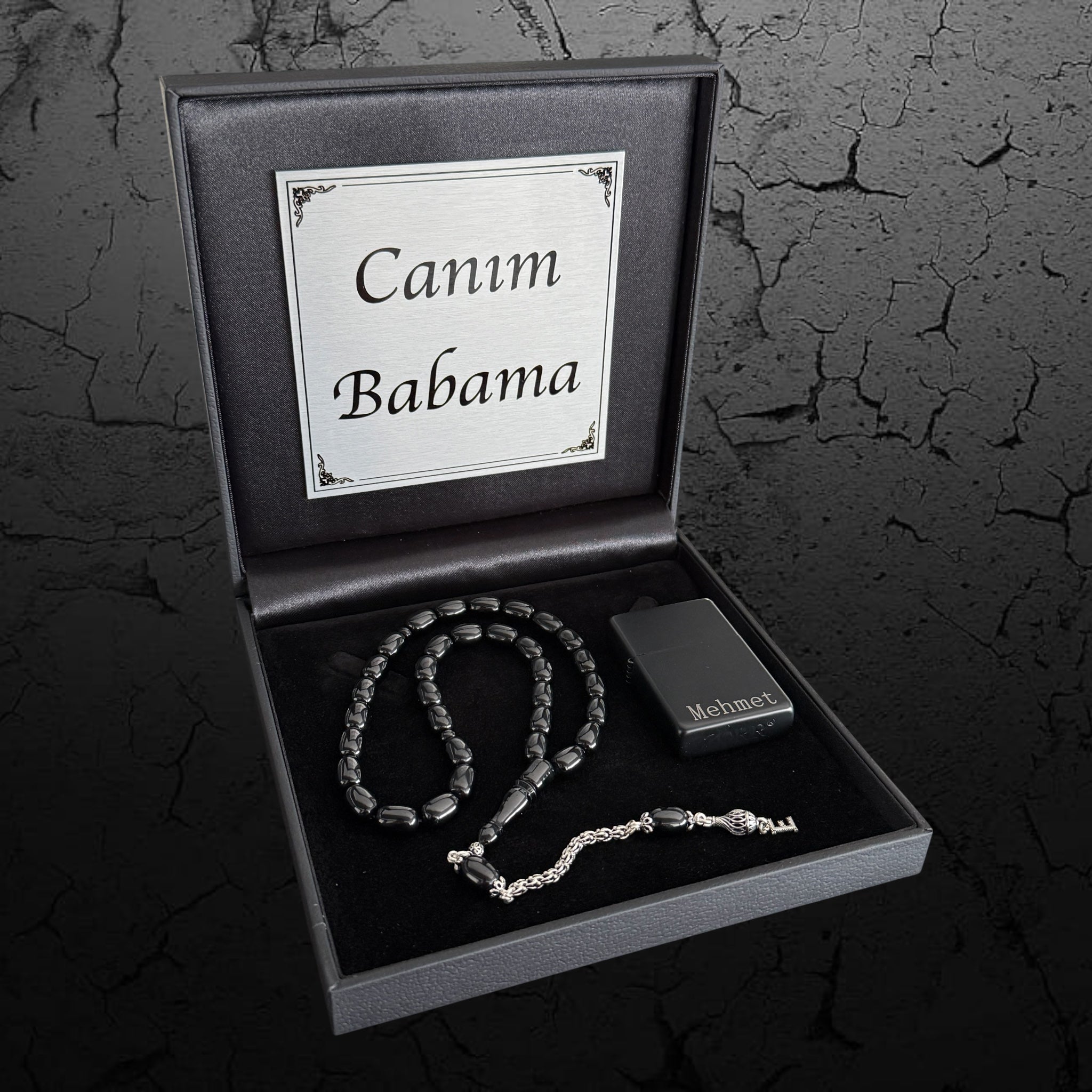 Kehribar Tesbih Sıkma 925 Silber Kapsül Schwarz 1 Buchstaben mit Feuerzeug und Geschenkbox