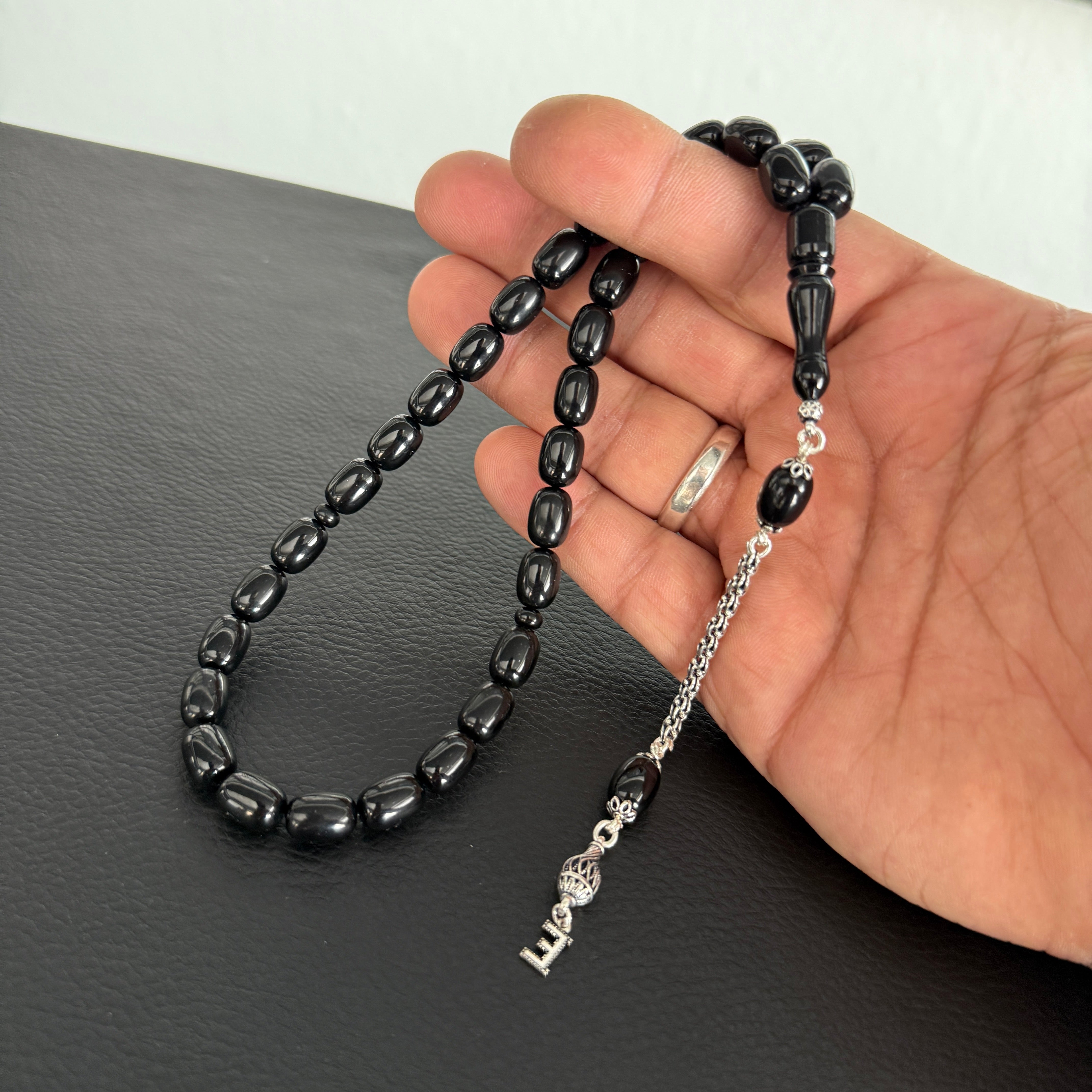 Kehribar Tesbih Sıkma 925 Silber Kapsül Schwarz 1 Buchstaben mit Feuerzeug und Geschenkbox