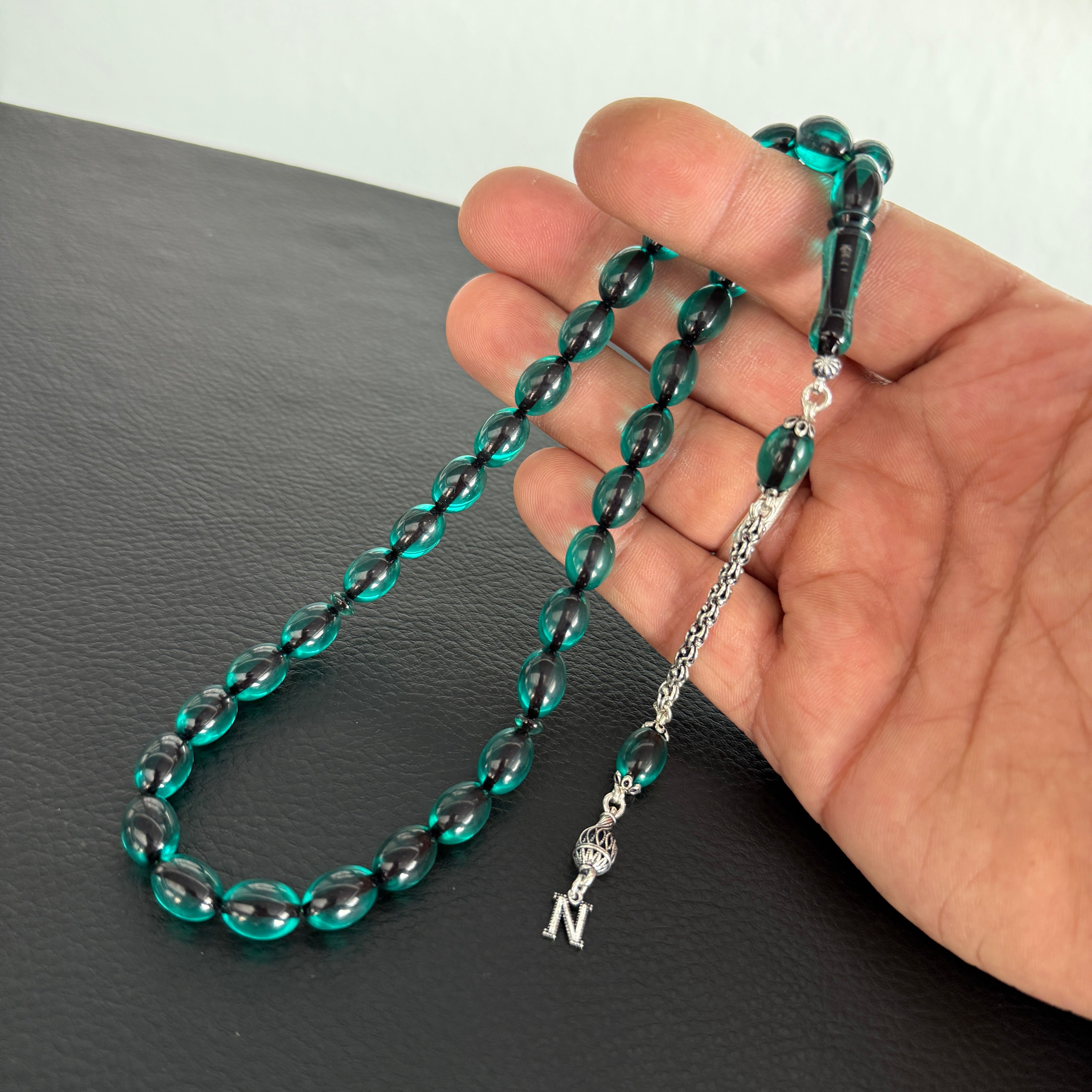 Kehribar Tesbih Sıkma 925 Silber Beyzi Türkis 1 Buchstaben mit Feuerzeug und Geschenkbox