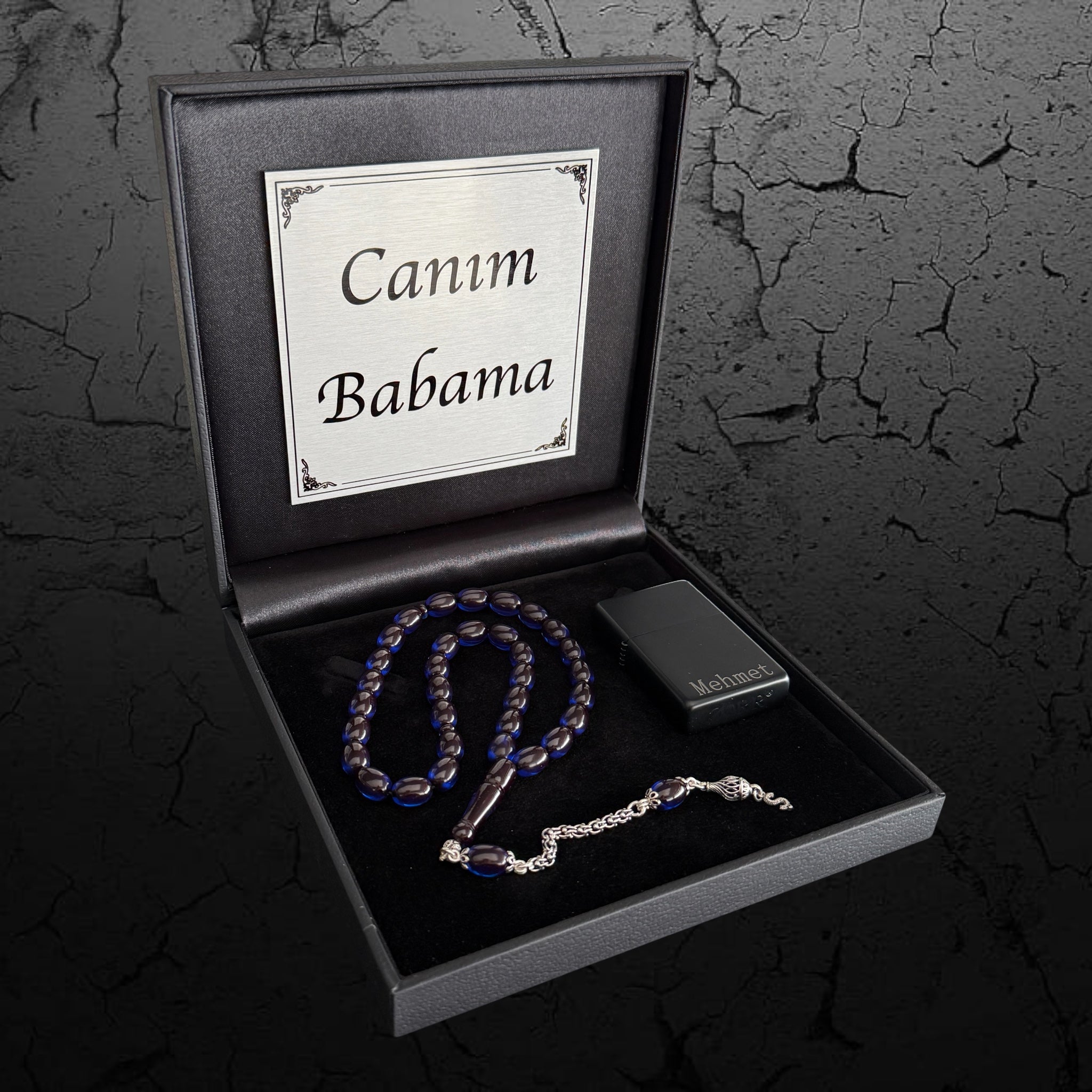Kehribar Tesbih Sıkma 925 Silber Kapsül Blau 1 Buchstaben mit Feuerzeug und Geschenkbox
