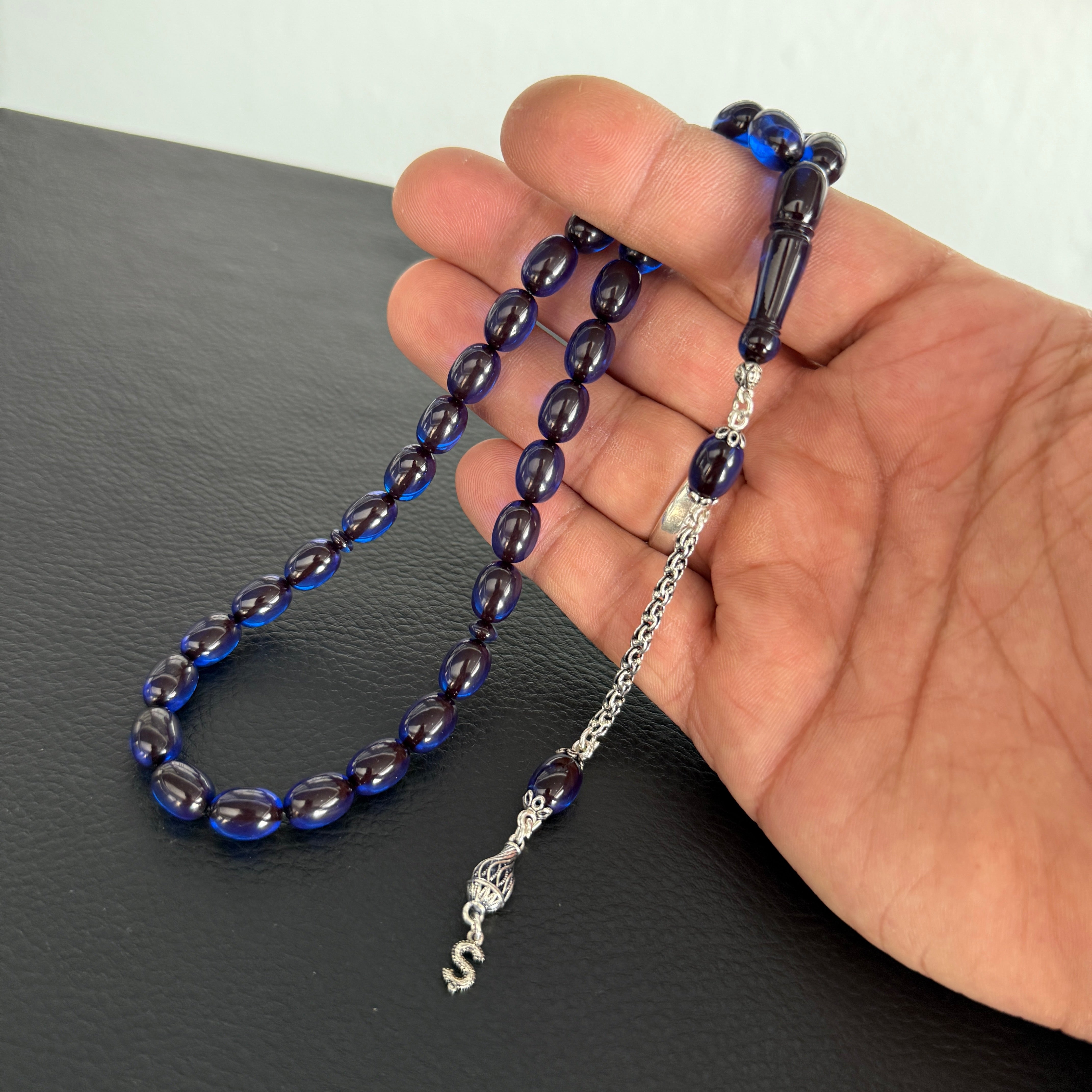 Kehribar Tesbih Sıkma 925 Silber Kapsül Blau 1 Buchstaben mit Feuerzeug und Geschenkbox