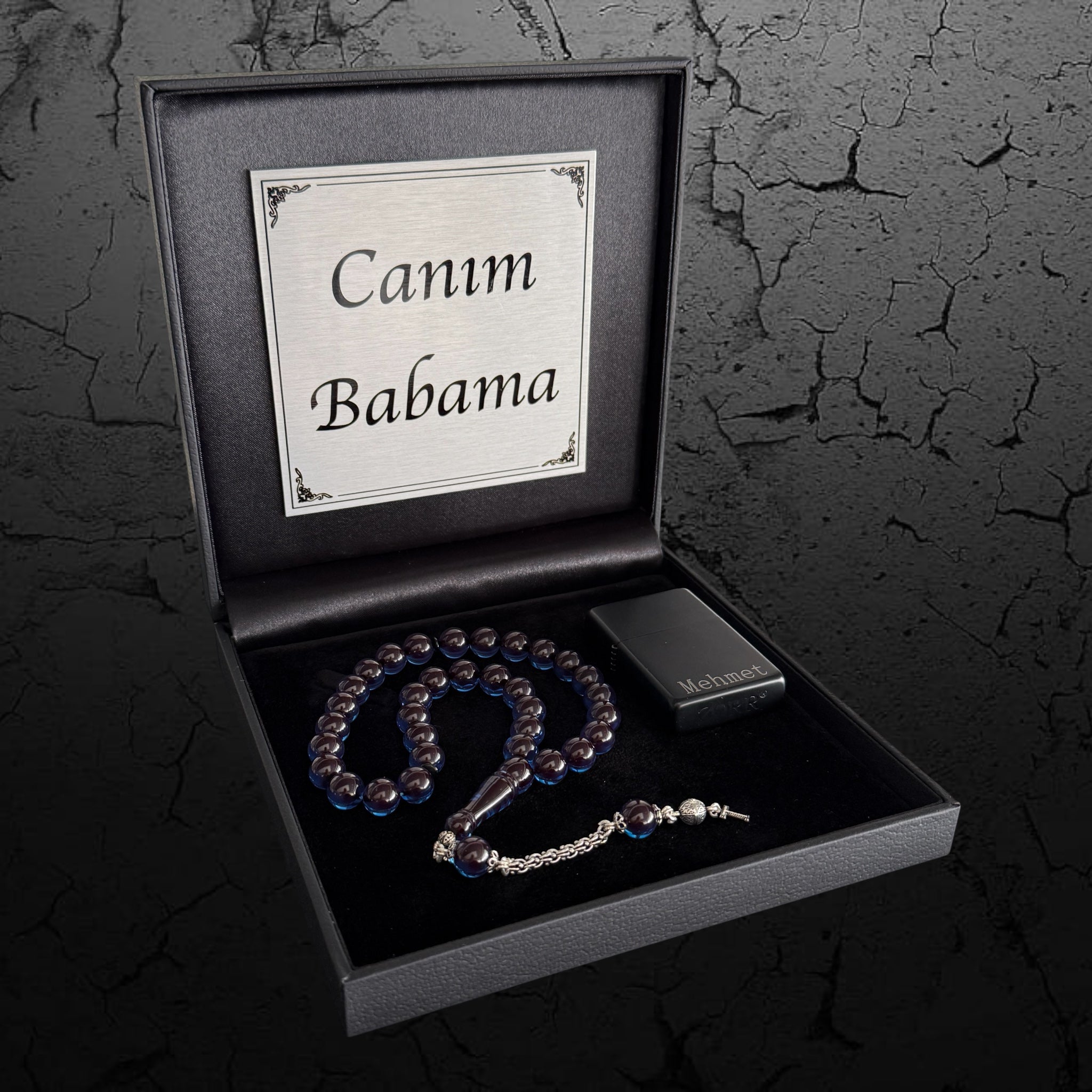 Kehribar Tesbih Sıkma Misket 925 Silber Sky Blau 1 Buchstaben mit Feuerzeug und Geschenkbox