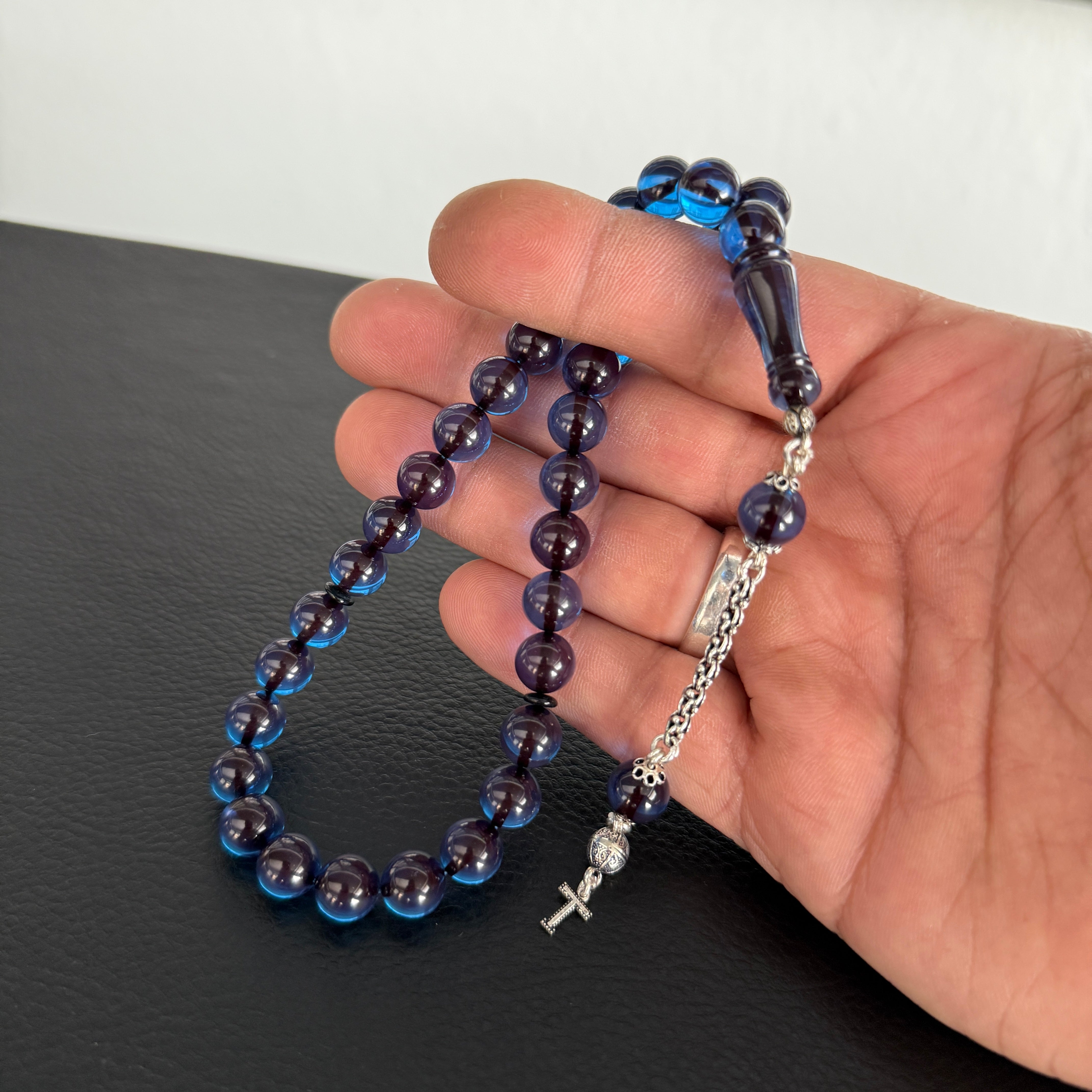 Kehribar Tesbih Sıkma Misket 925 Silber Sky Blau 1 Buchstaben mit Feuerzeug und Geschenkbox