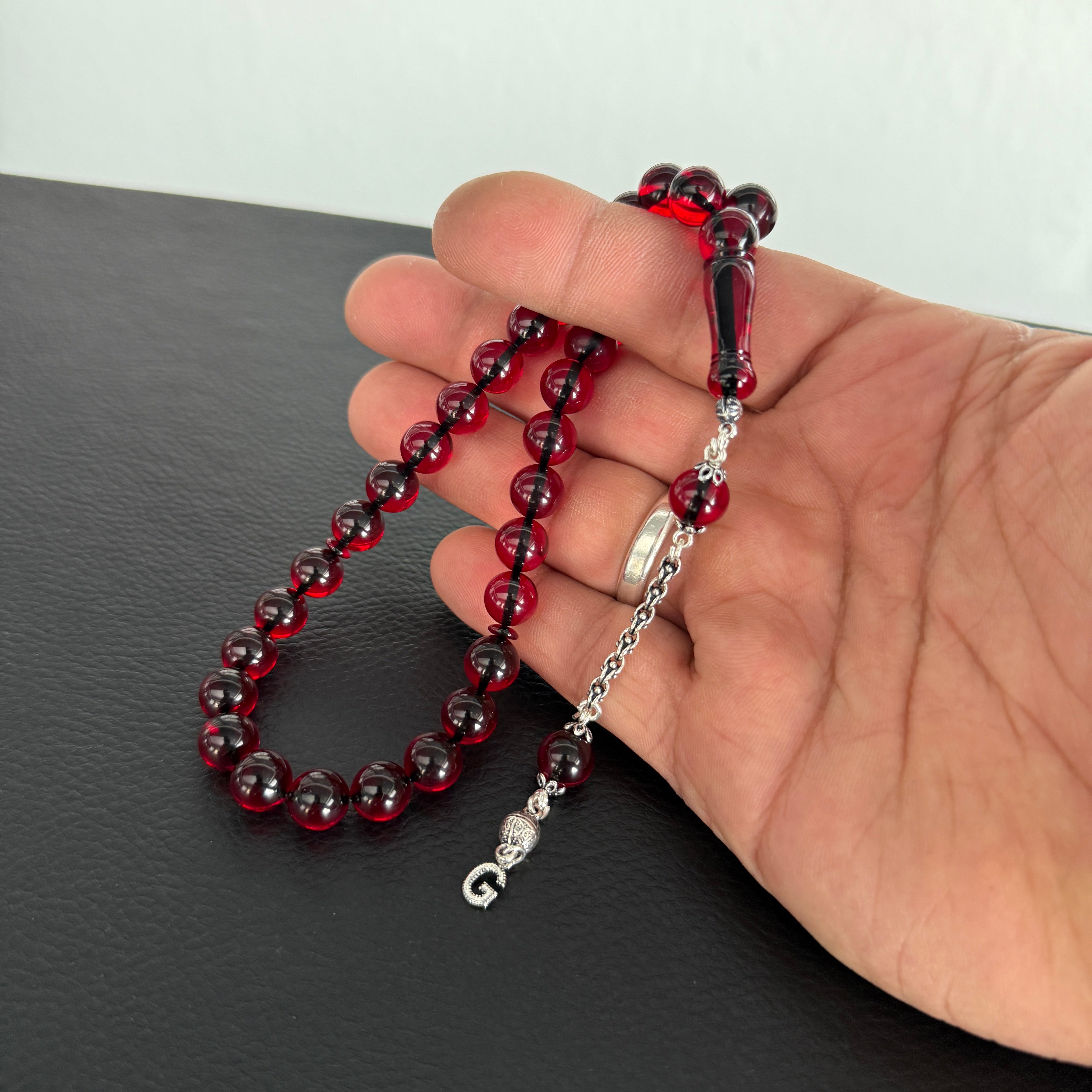 Kehribar Tesbih Sıkma Misket 925 Silber Rot 1 Buchstaben mit Feuerzeug und Geschenkbox