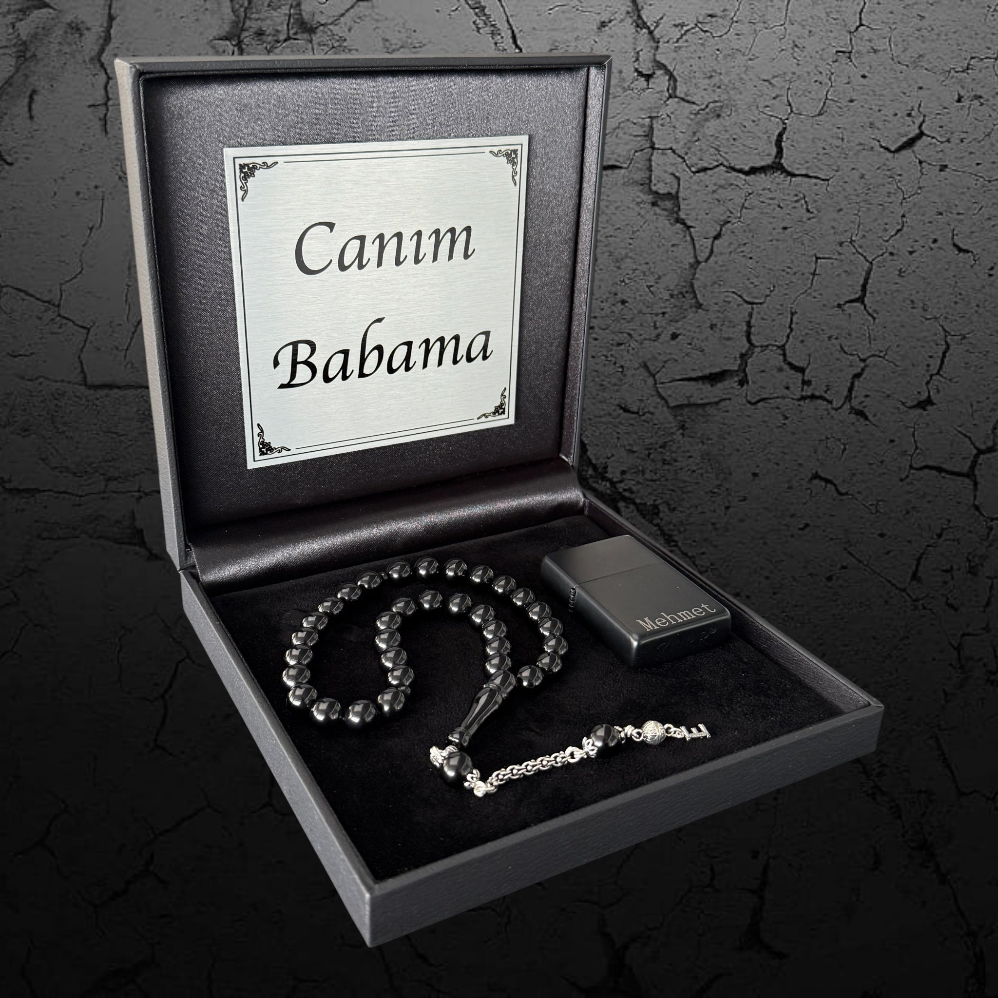 Kehribar Tesbih Sıkma Misket 925 Silber Schwarz 1 Buchstaben mit Feuerzeug und Geschenkbox