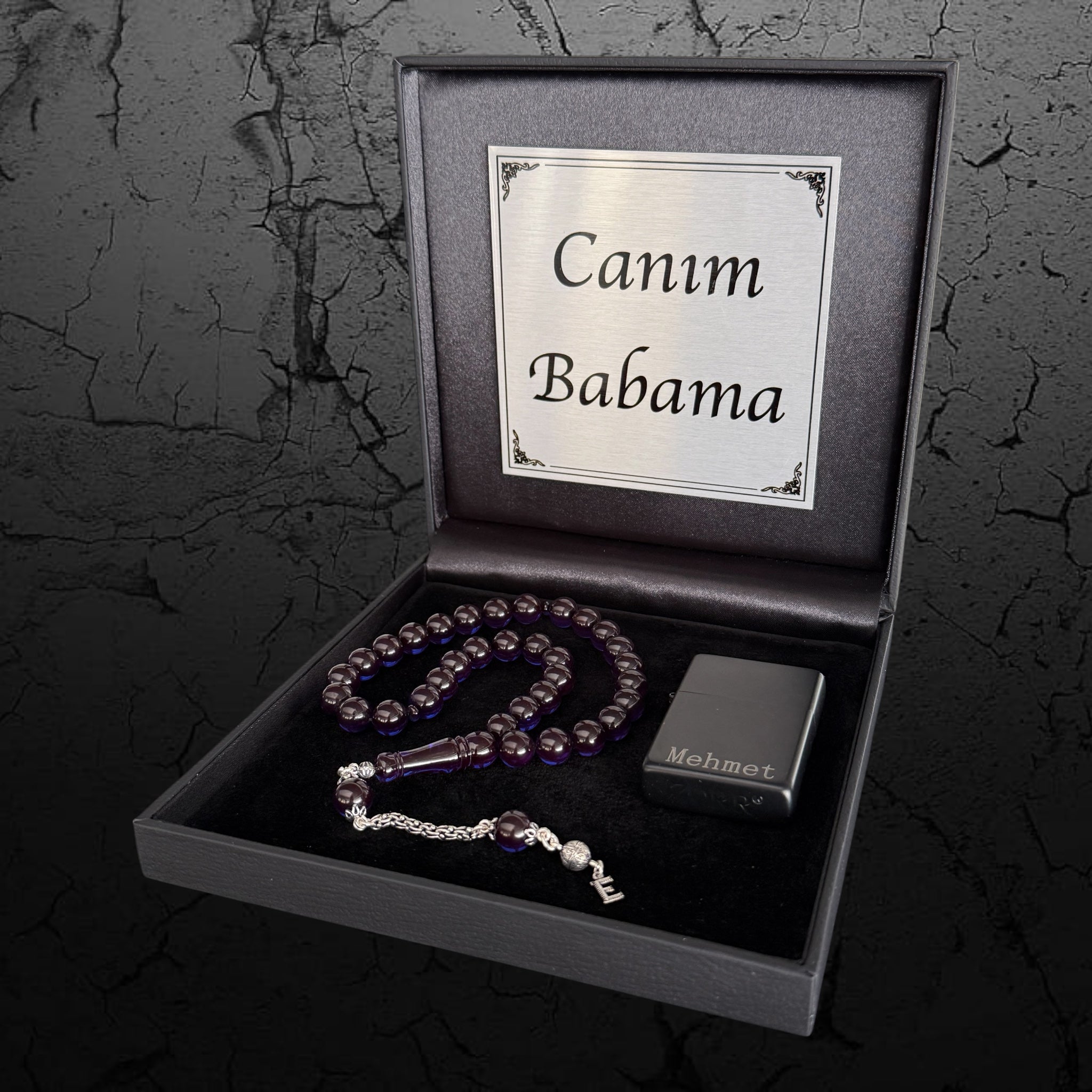 Kehribar Tesbih Sıkma Misket 925 Silber Blau 1 Buchstaben mit Feuerzeug und Geschenkbox