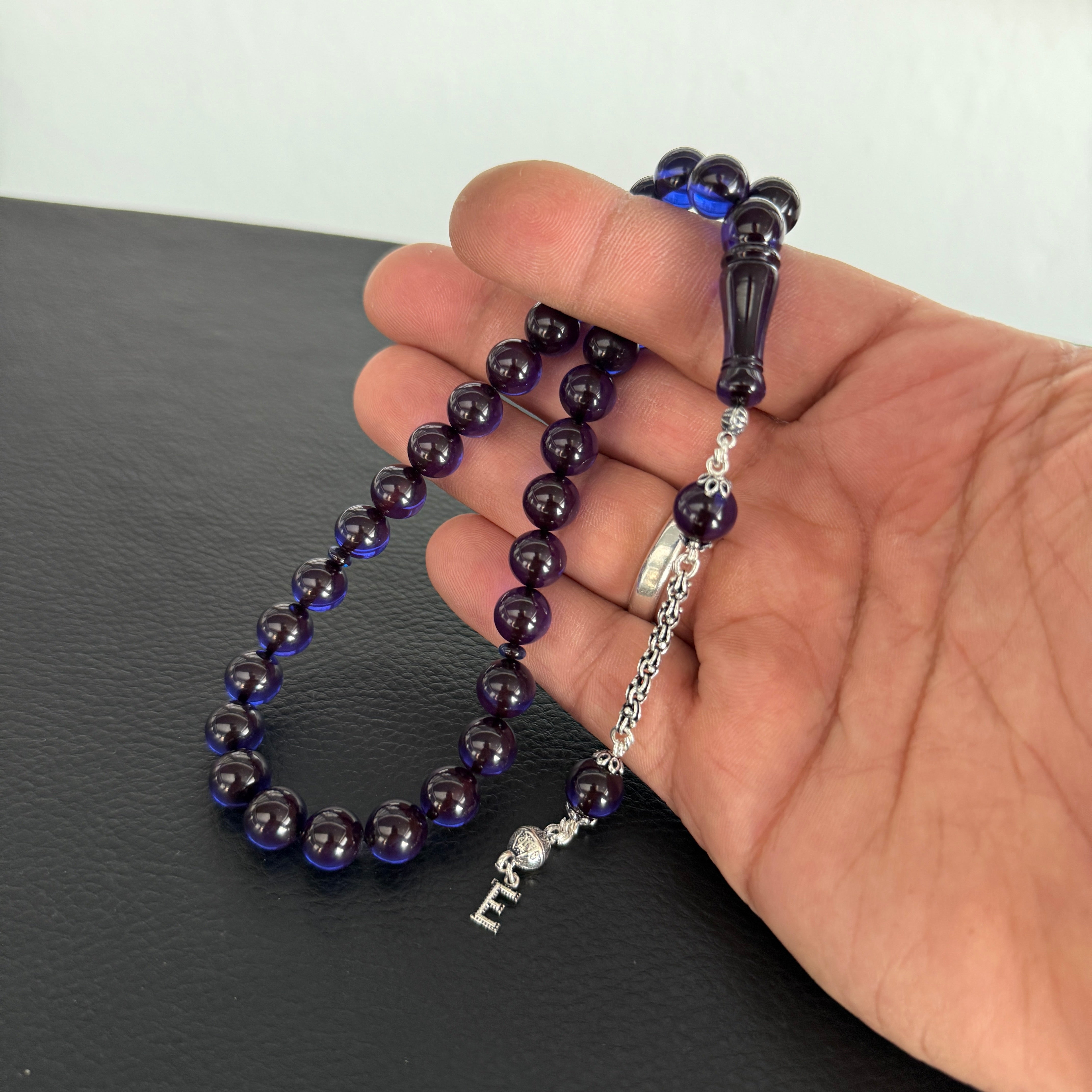 Kehribar Tesbih Sıkma Misket 925 Silber Blau 1 Buchstaben mit Feuerzeug und Geschenkbox