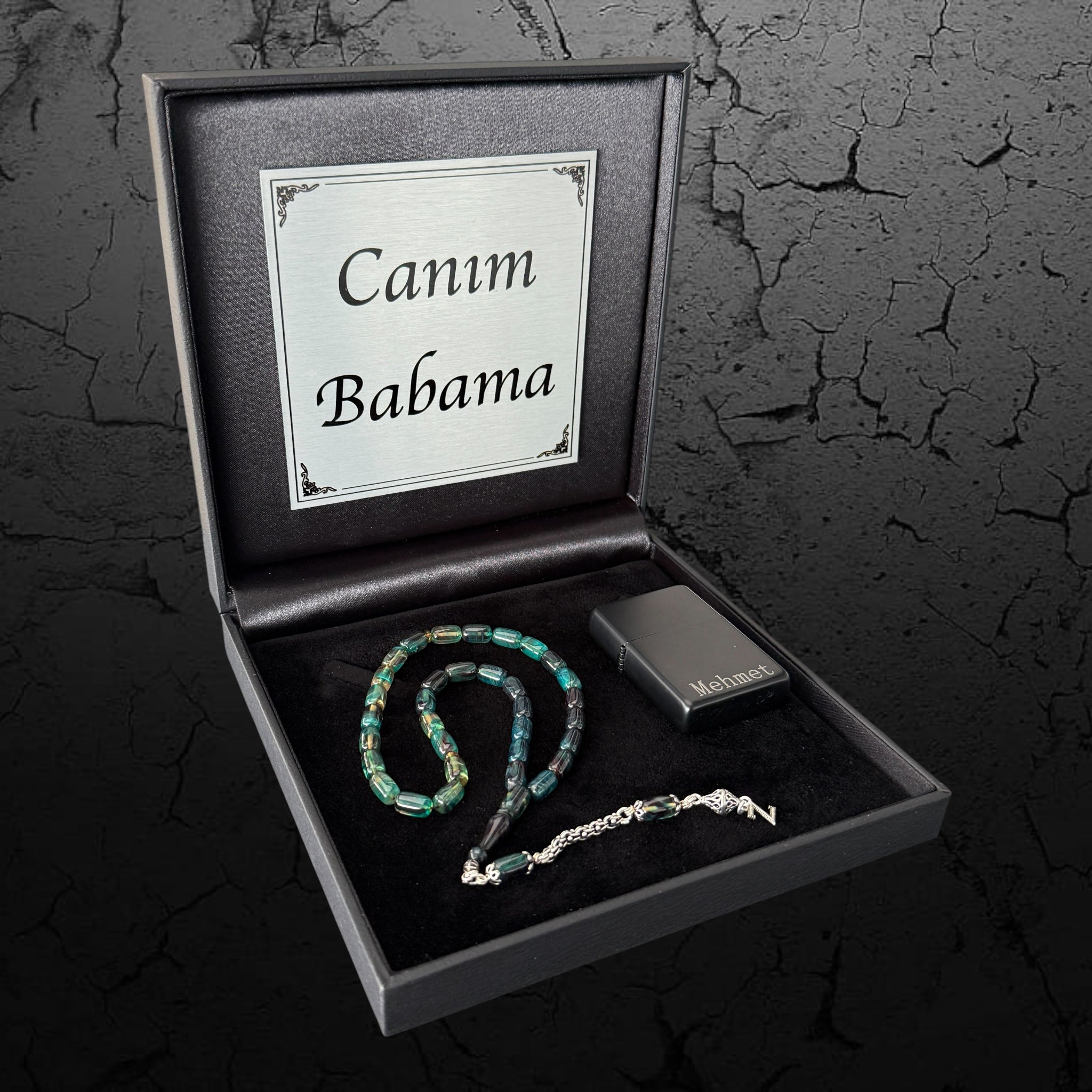 Kehribar Tesbih Sıkma 925 Silber Dark Grün Mix 1 Buchstaben mit Feuerzeug und Geschenkbox
