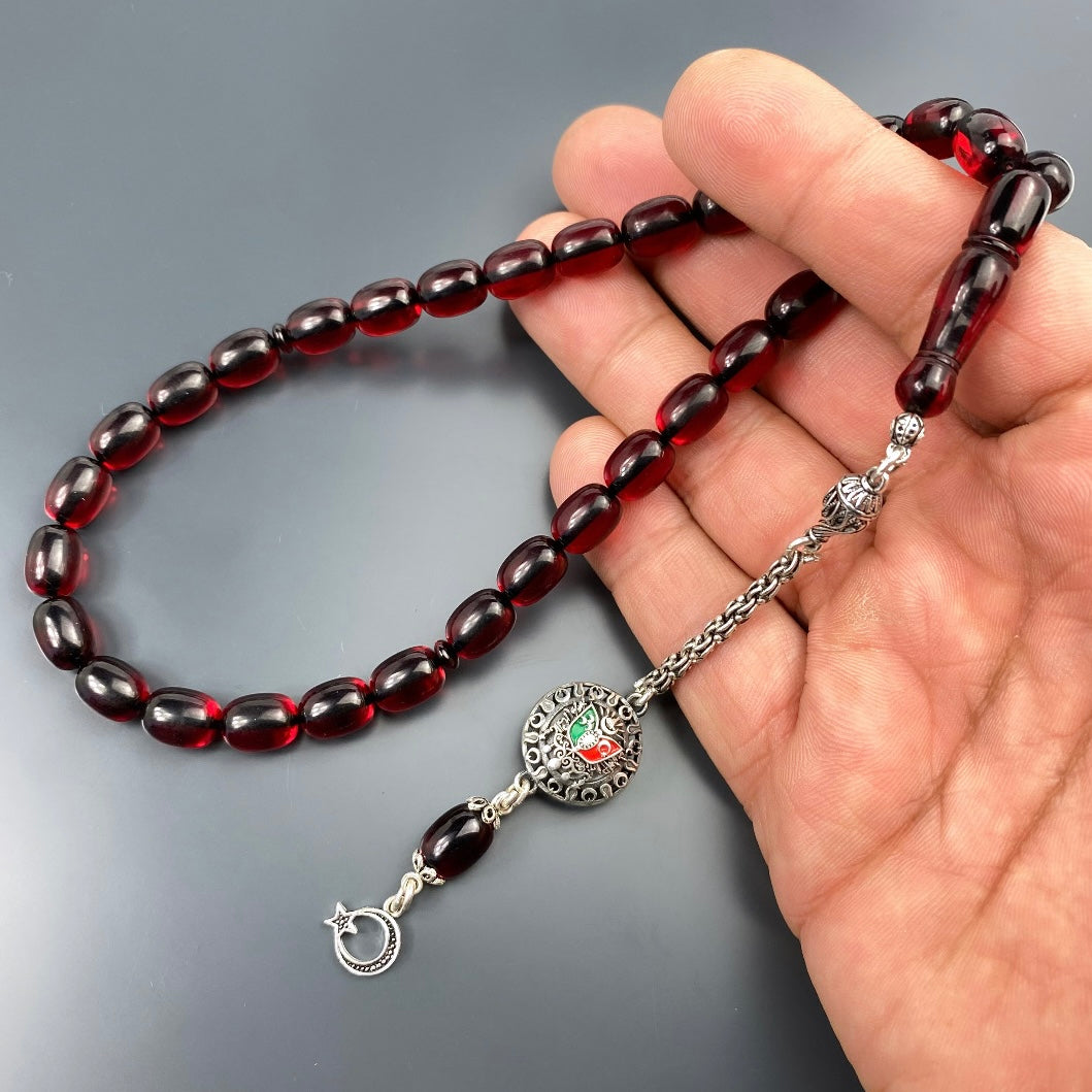 Tesbih Özel SIKMA Kehribar Kirmizi Osmanli Arma Logo