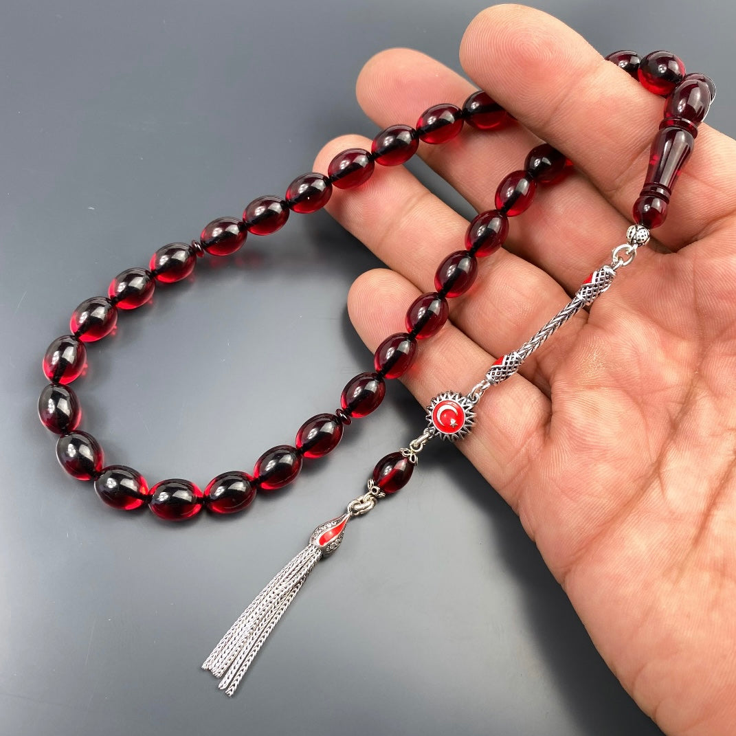 Tesbih Özel SIKMA Kehribar Kirmizi Ay Yildiz Logo