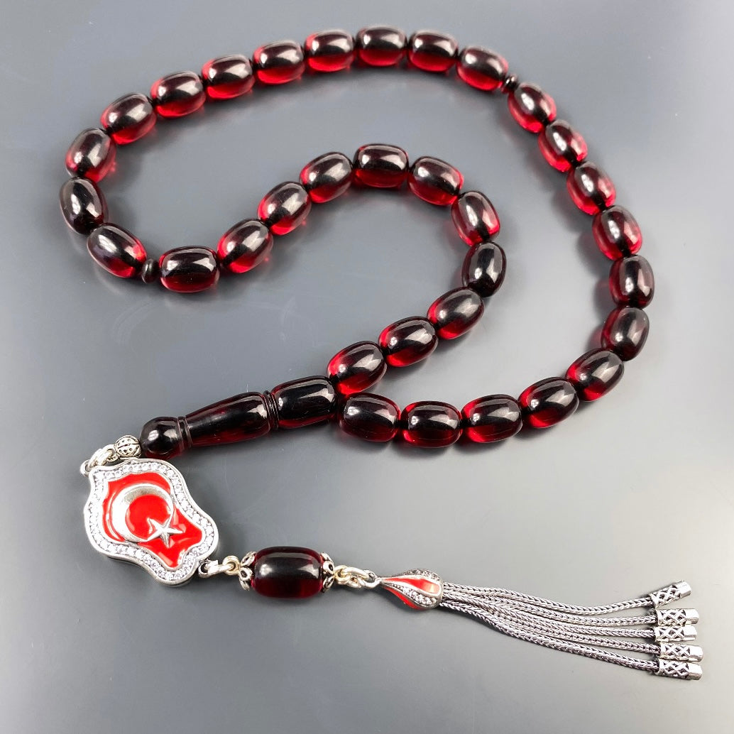 Tesbih Özel SIKMA Kehribar Kirmizi Ay Yildiz Logo