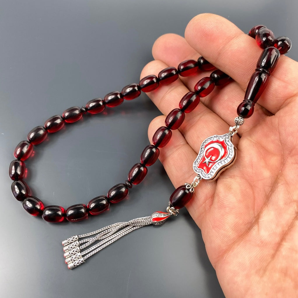 Tesbih Özel SIKMA Kehribar Kirmizi Ay Yildiz Logo