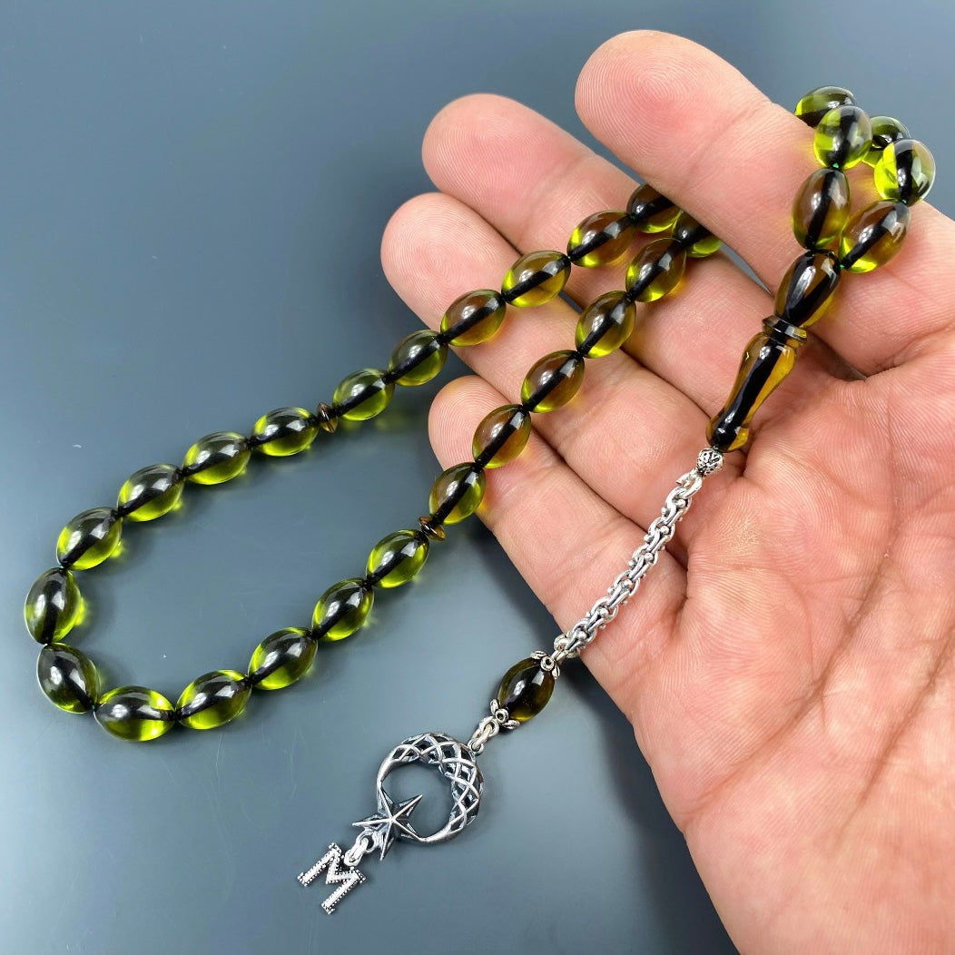 Tesbih Özel SIKMA Kehribar Yesil Ay Yildiz - Harf Logo Püskül
