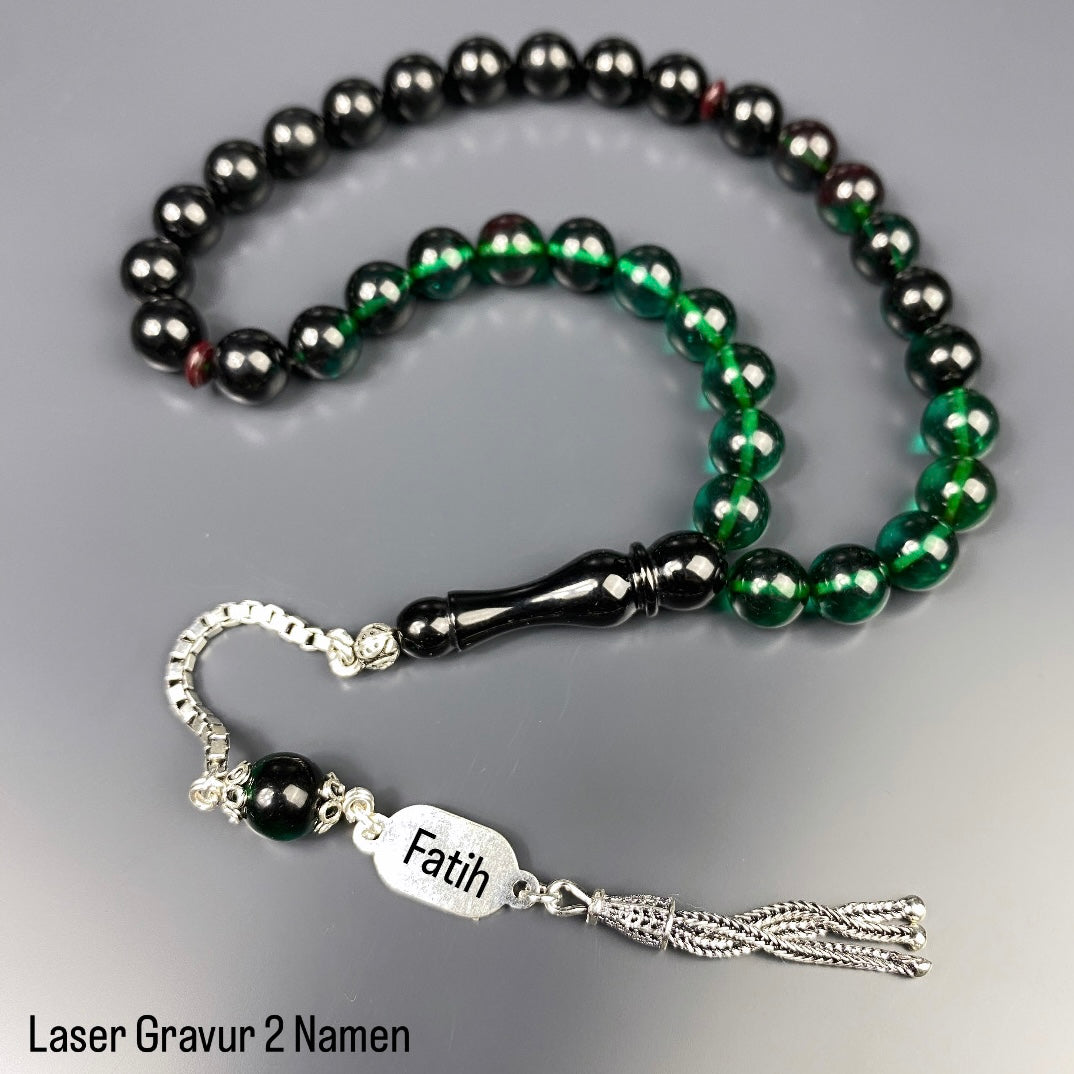 Tesbih SIKMA Kehribar 925 Silber personalisiert Laser Gravur 2 Namen