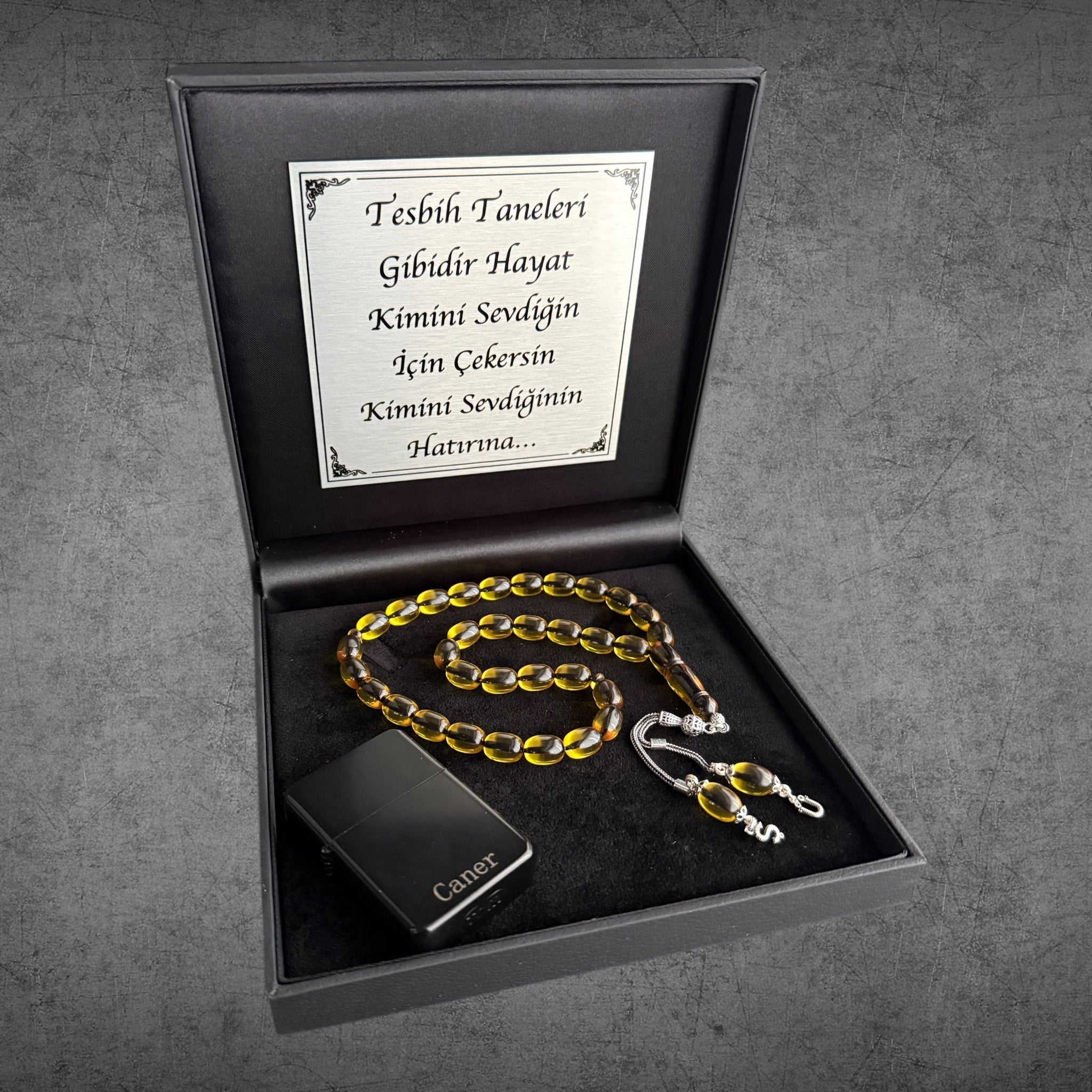 Kehribar Tesbih SIKMA Gelb Kapsül 925 Silber – Geschenkbox 4eckig