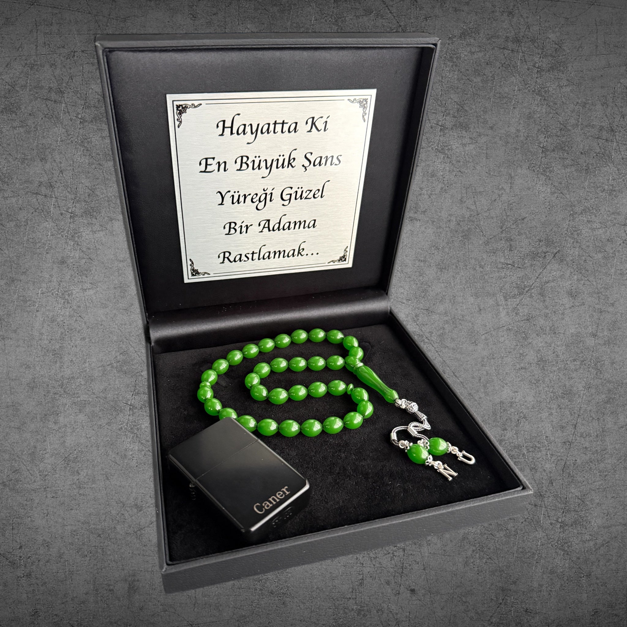 Kehribar Tesbih SIKMA Grün Beyzi 925 Silber – Geschenkbox 4eckig