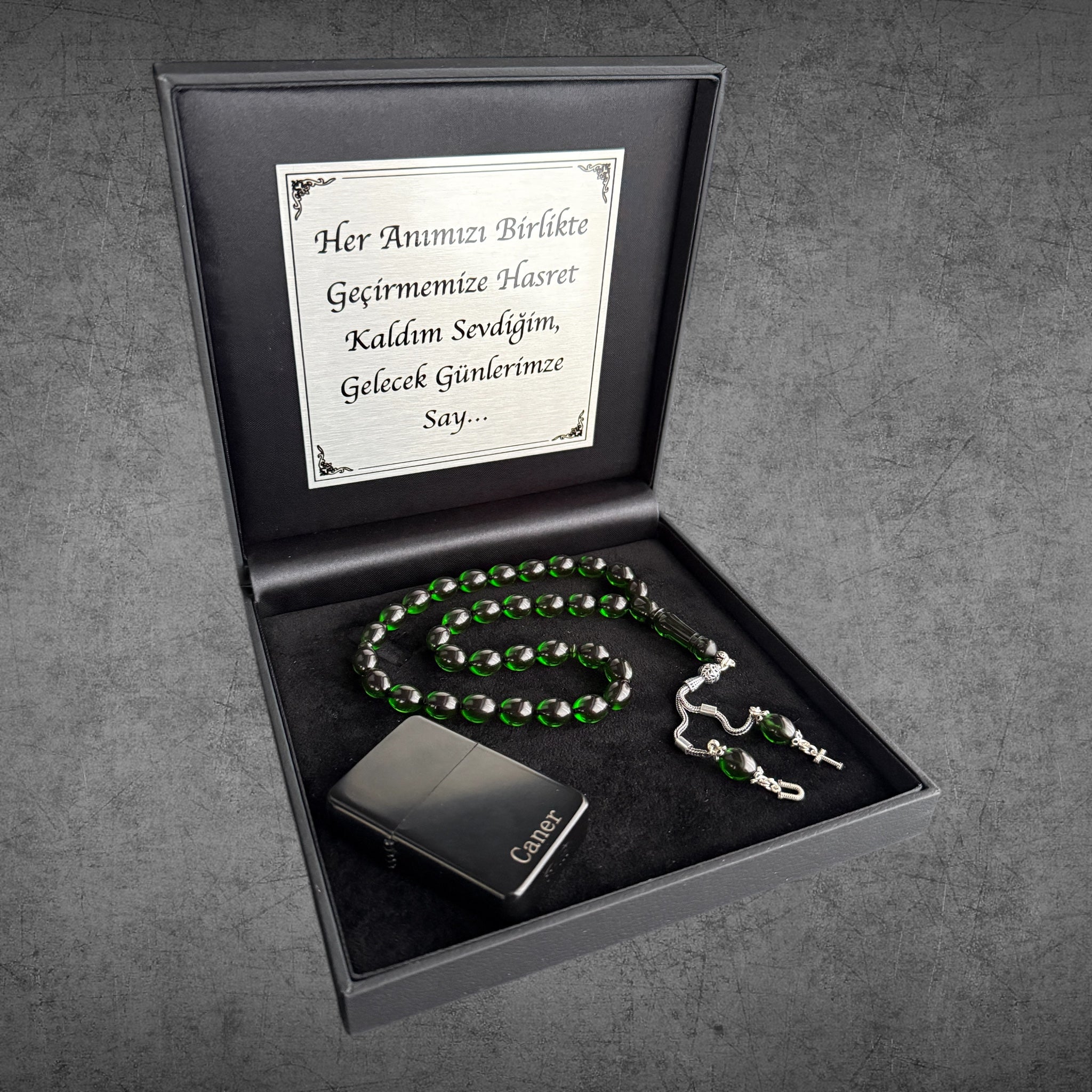 Kehribar Tesbih SIKMA Dunkel Grün Beyzi 925 Silber – Geschenkbox 4eckig