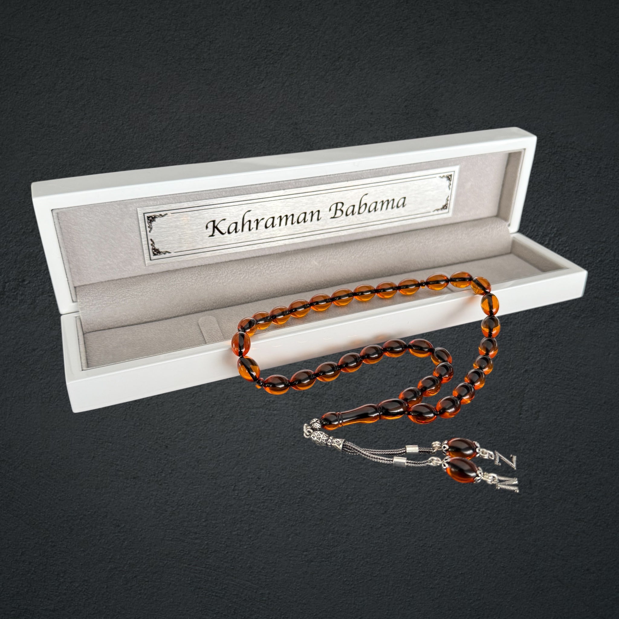 Kehribar Tesbih SIKMA Orange 2 Buchstaben Beyzi mit Holzbox 925 Silber