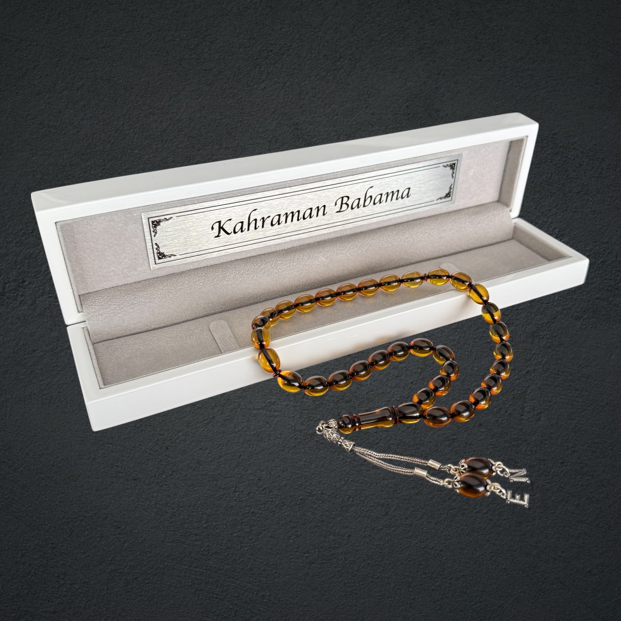 Kehribar Tesbih SIKMA Gelb 2 Buchstaben Beyzi mit Holzbox 925 Silber