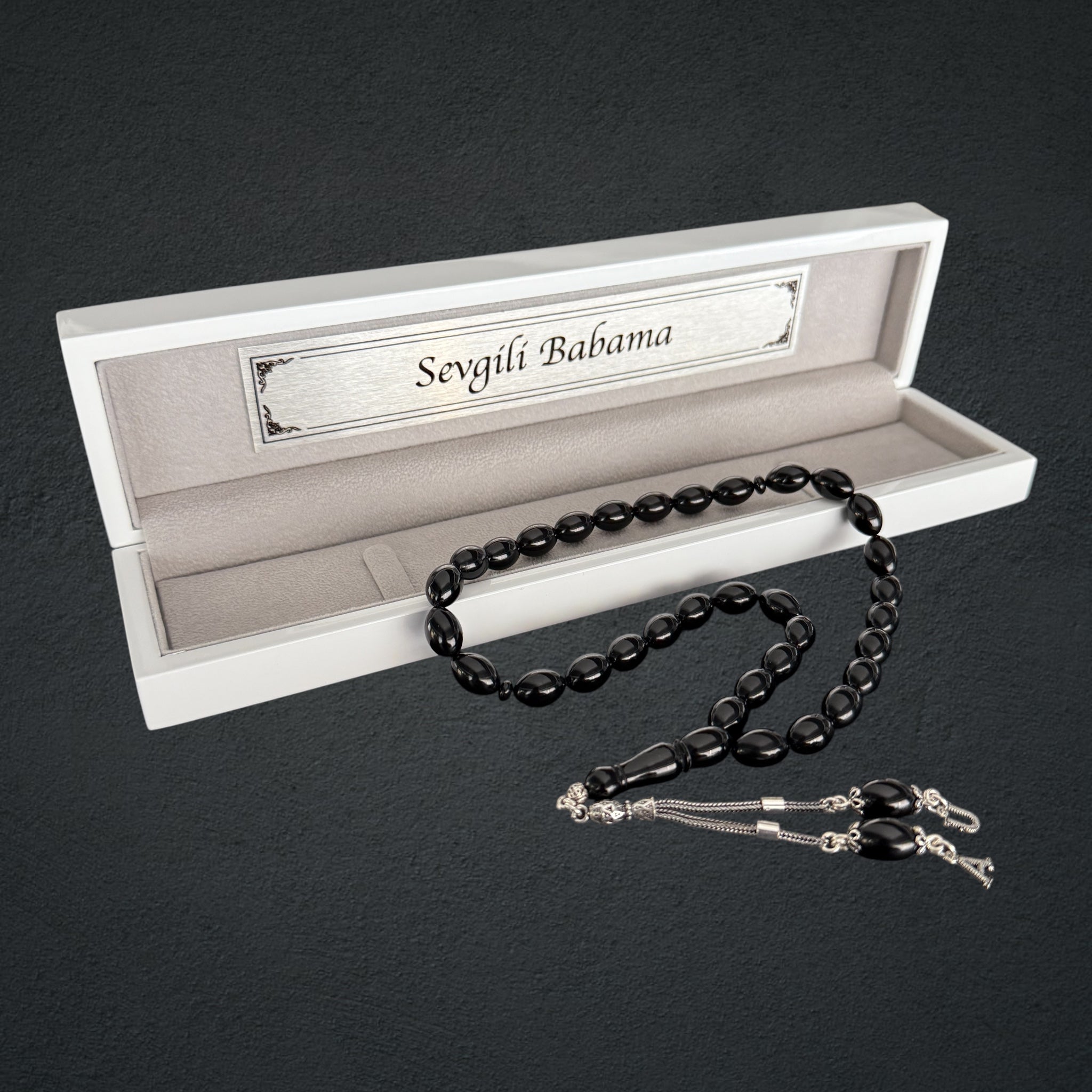 Kehribar Tesbih SIKMA Black 2 Buchstaben Beyzi mit Holzbox 925 Silber
