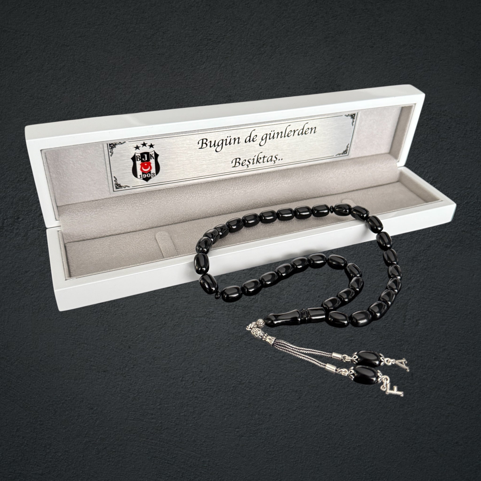 Kehribar Tesbih SIKMA BJK Spor 2 Buchstaben Beyzi mit Holzbox 925 Silber