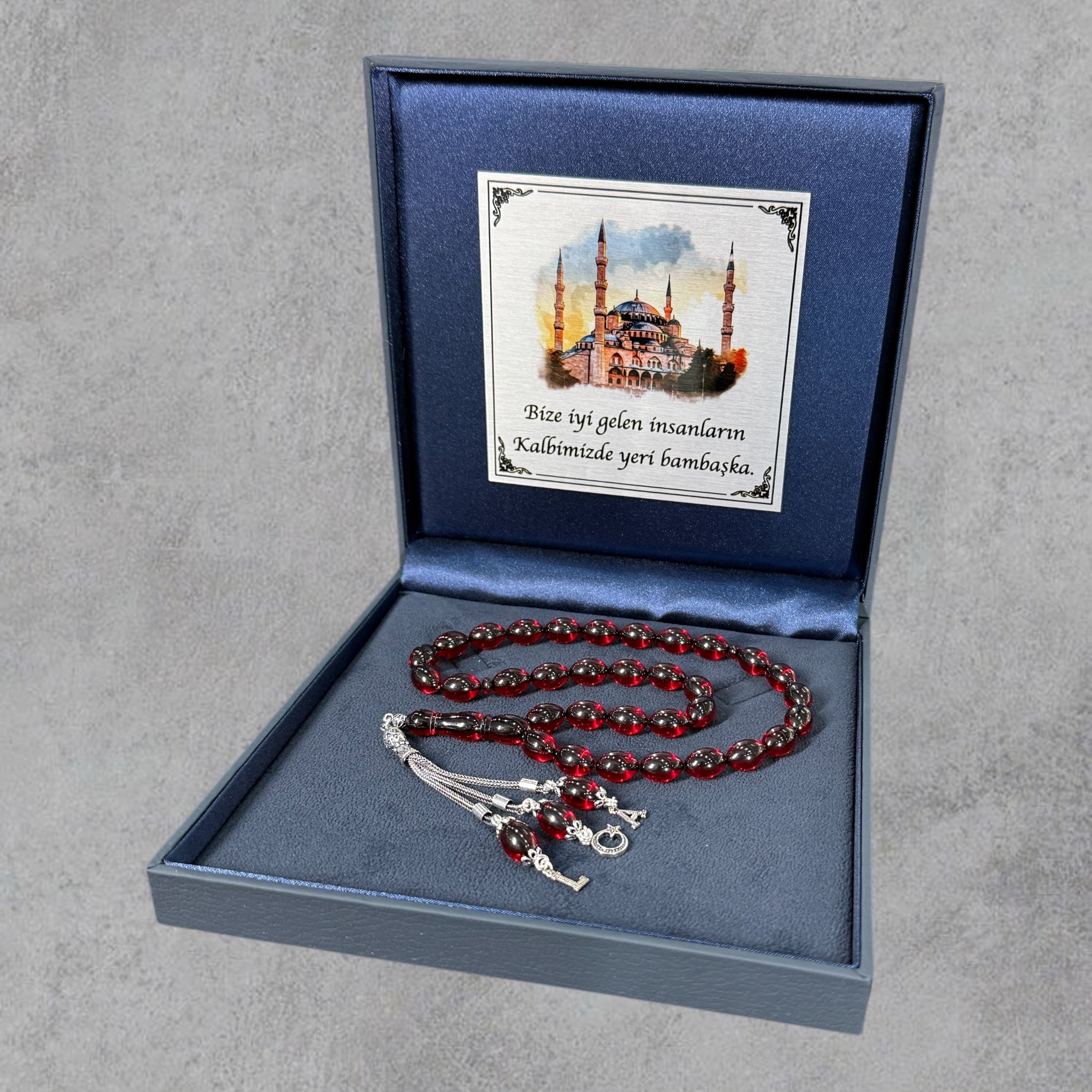 Kehribar Tesbih SIKMA Rot Beyzi 2 Buchstaben & Logo 925 Silber Blue Box