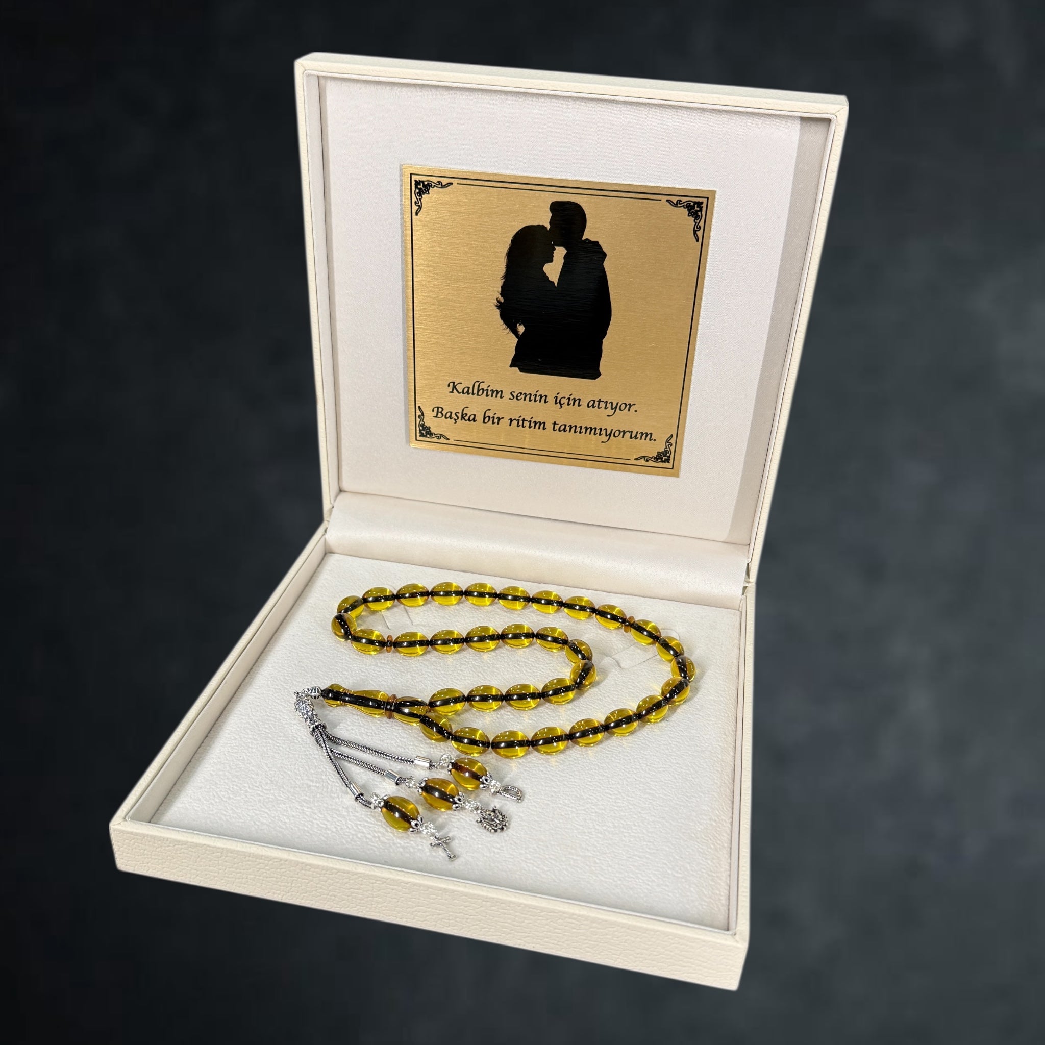 Kehribar Tesbih SIKMA Gelb Beyzi 2 Buchstaben & Logo 925 Silber Creme Box