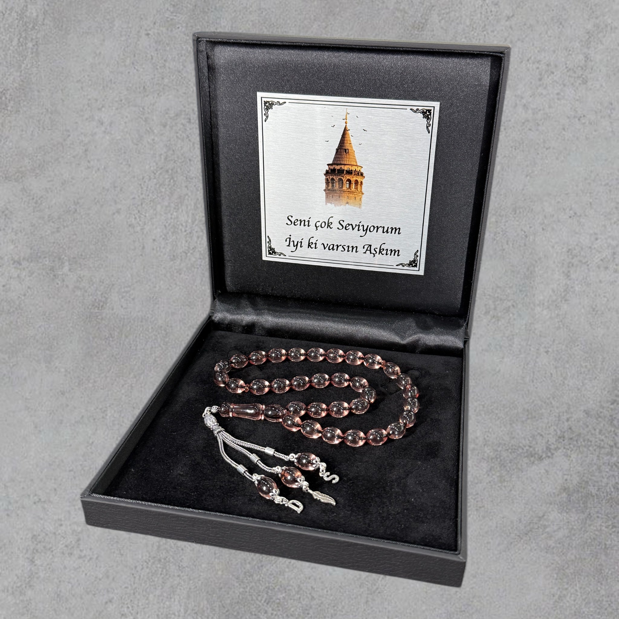 Kehribar Tesbih SIKMA Seffaf Beyzi 2 Buchstaben & Logo 925 Silber Black Box