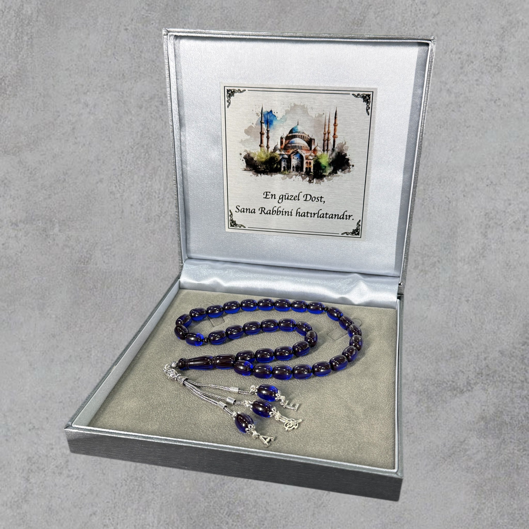 Kehribar Tesbih SIKMA Blau Kapsül 2 Buchstaben & Logo 925 Silber Silver Box