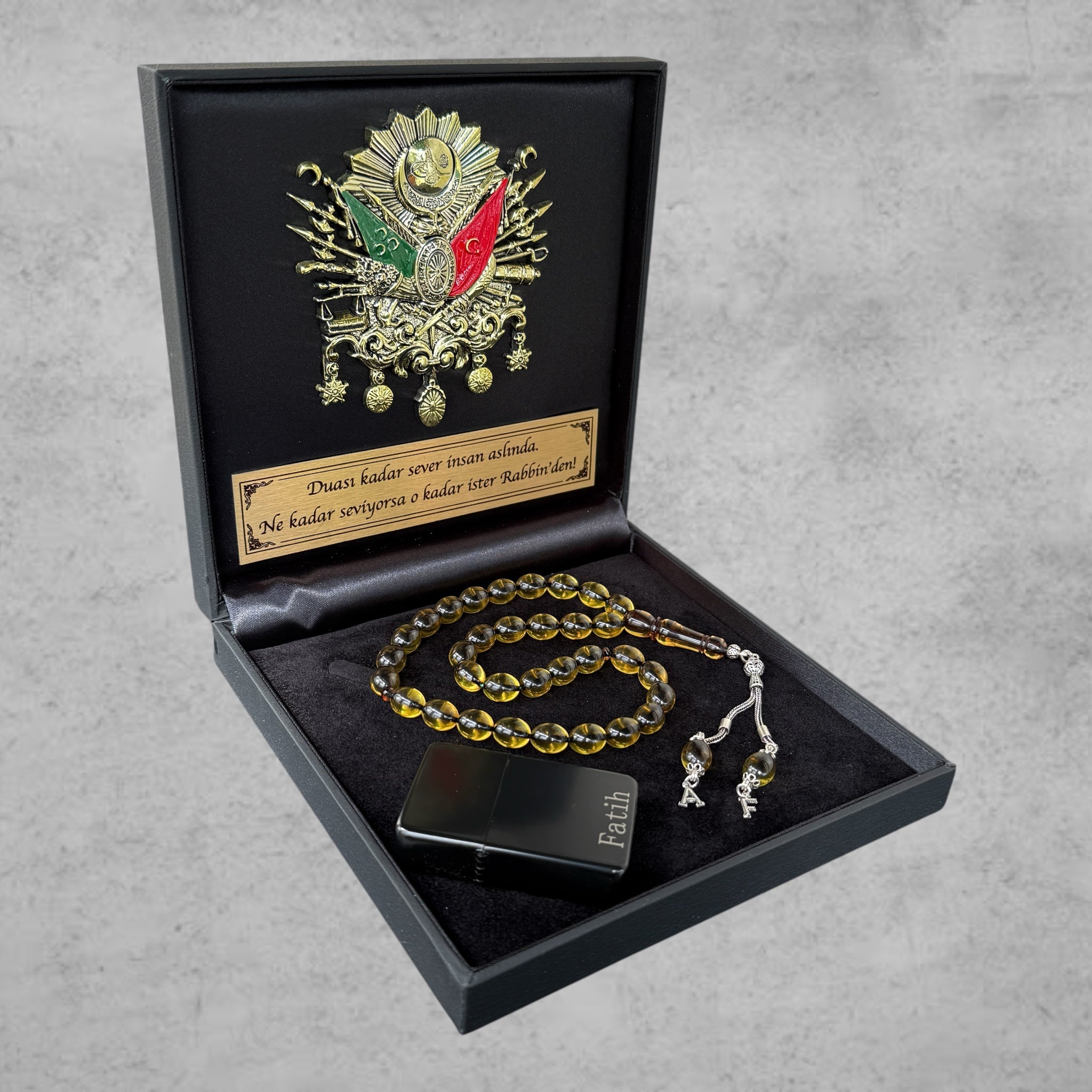 Kehribar Tesbih SIKMA Gelb Beyzi 925 Silber – Osmanli Geschenkbox 4eckig