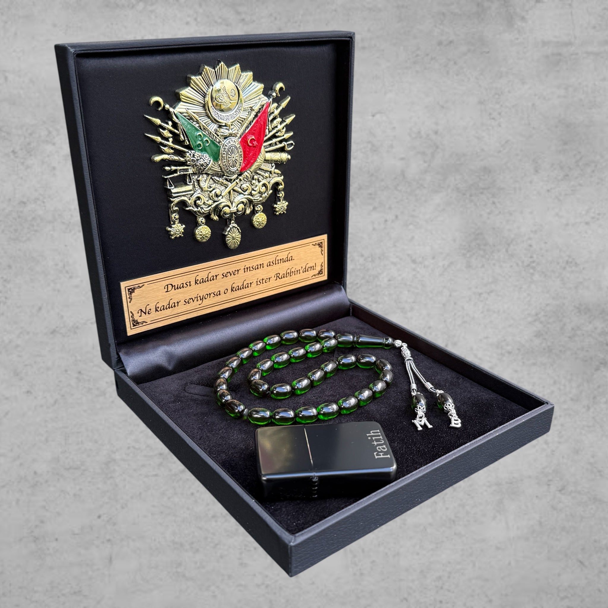 Kehribar Tesbih SIKMA Dark Green Kapsül 925 Silber – Osmanli Geschenkbox 4eckig