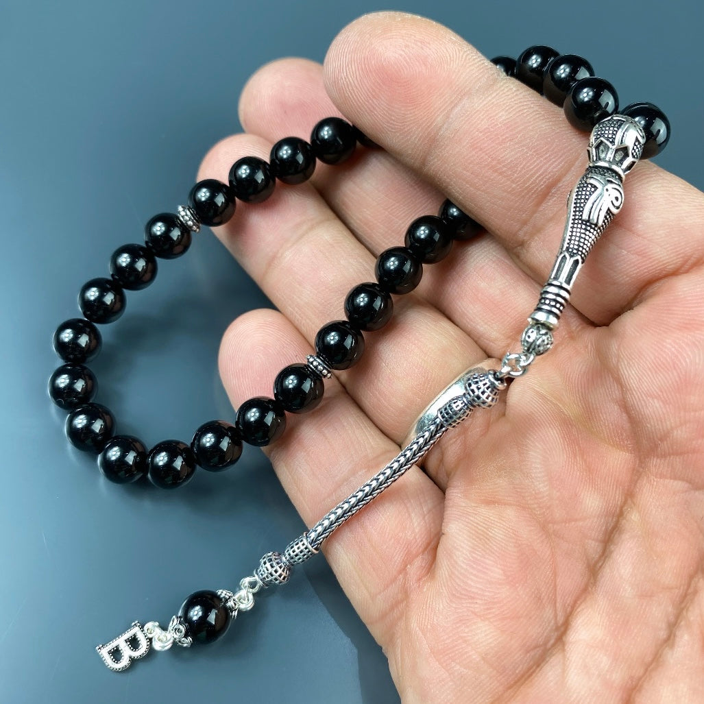 Tesbih / Gebetskette Onyx Glanz Tugra Logo 925 Silber 1 Buchstabe