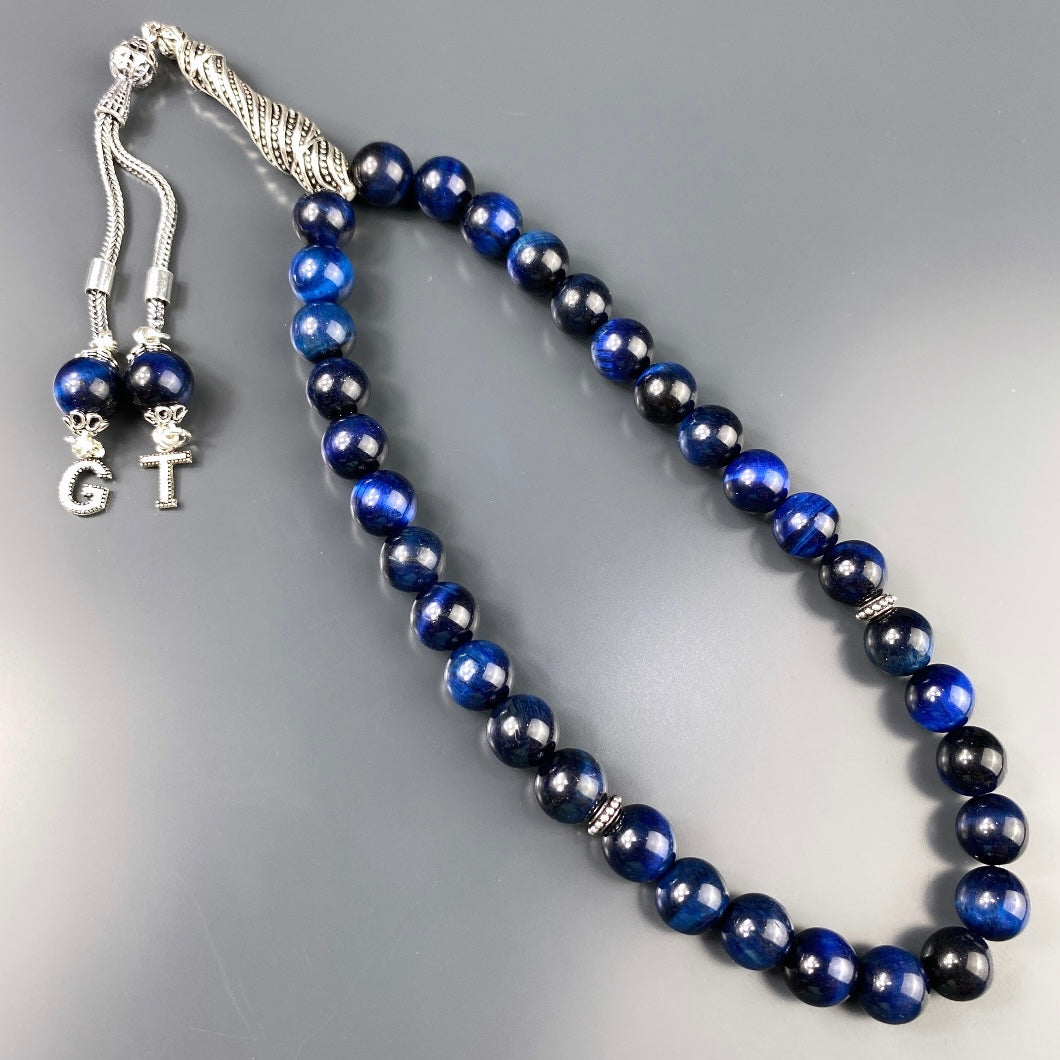 Tesbih / Gebetskette Tigerauge Dark Blue Basic Logo 925 Silber 2 Buchstaben