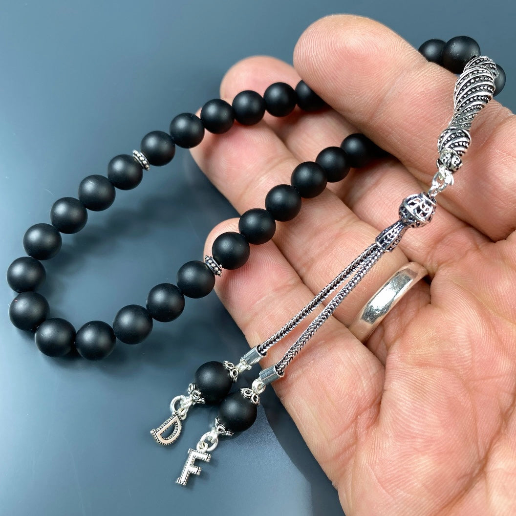Tesbih / Gebetskette Onyx Matt Basic Logo 925 Silber 2 Buchstaben