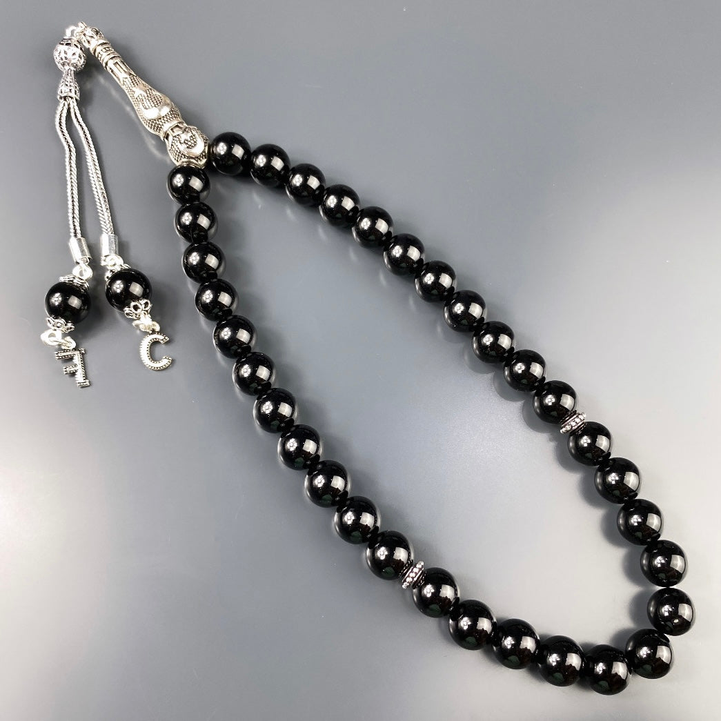 Tesbih / Gebetskette Onyx Glanz Ay Yildiz Logo 925 Silber 2 Buchstaben