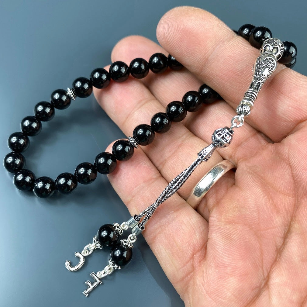 Tesbih / Gebetskette Onyx Glanz Ay Yildiz Logo 925 Silber 2 Buchstaben