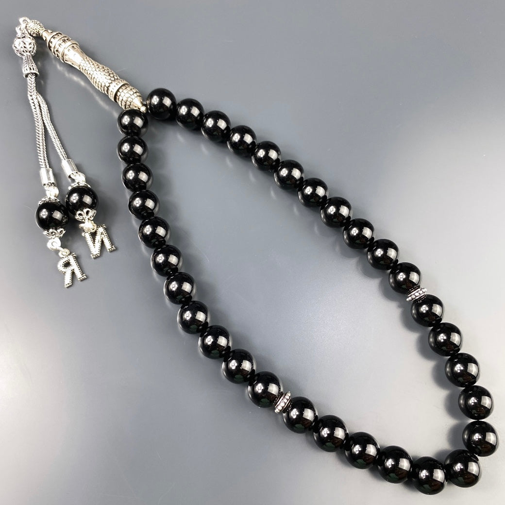 Tesbih / Gebetskette Onyx Glanz Galata Kulesi Logo 925 Silber 2 Buchstaben