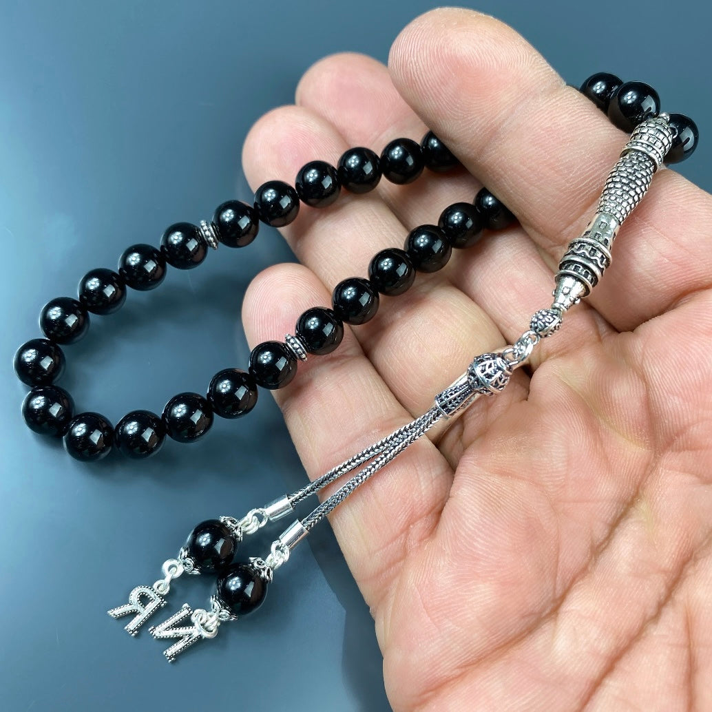 Tesbih / Gebetskette Onyx Glanz Galata Kulesi Logo 925 Silber 2 Buchstaben