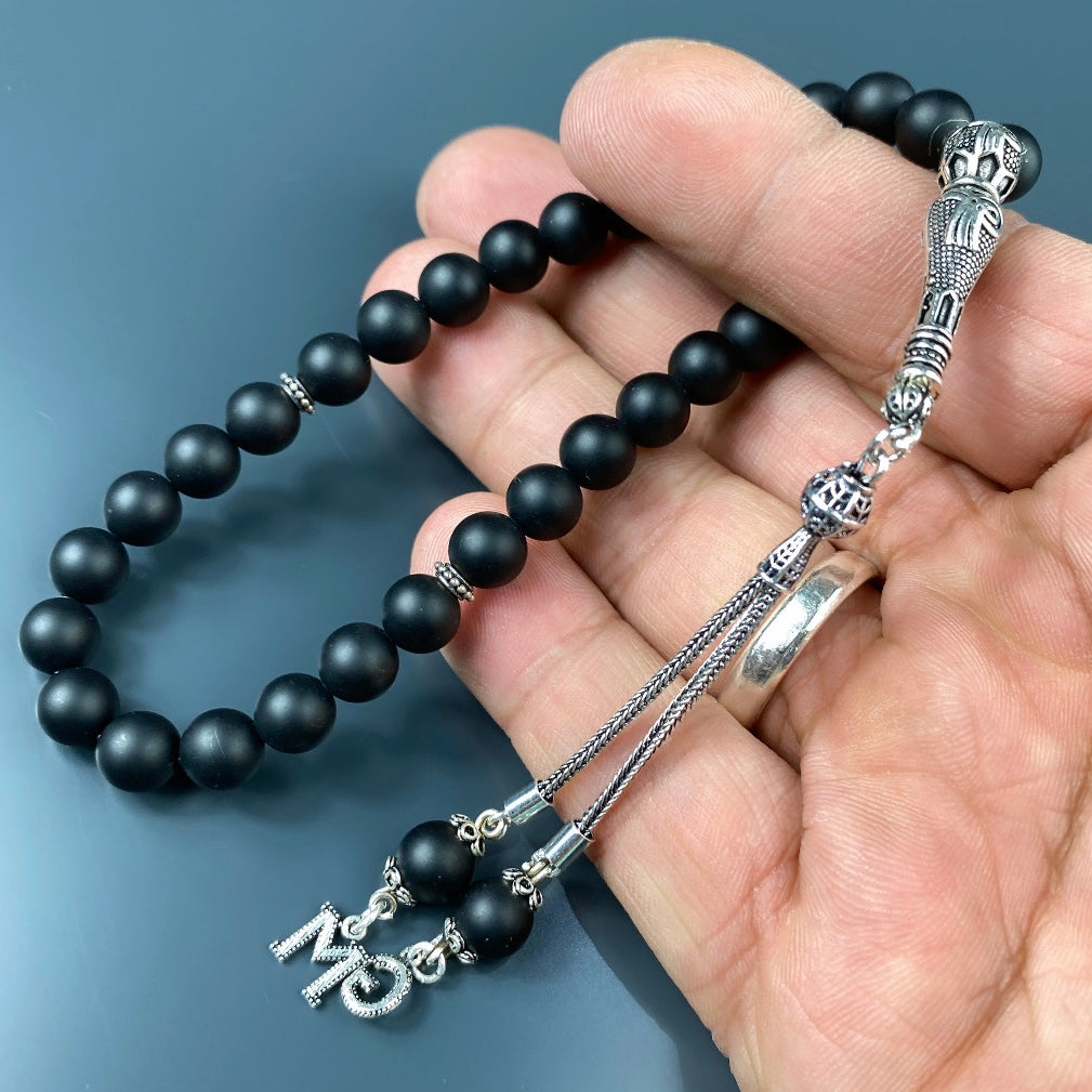 Tesbih / Gebetskette Onyx Matt Tugra Logo 925 Silber 2 Buchstaben