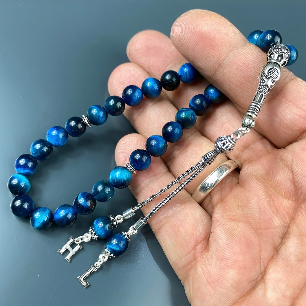 Tesbih / Gebetskette Tigerauge Blau Ay Yildiz Logo 925 Silber 2 Buchstaben