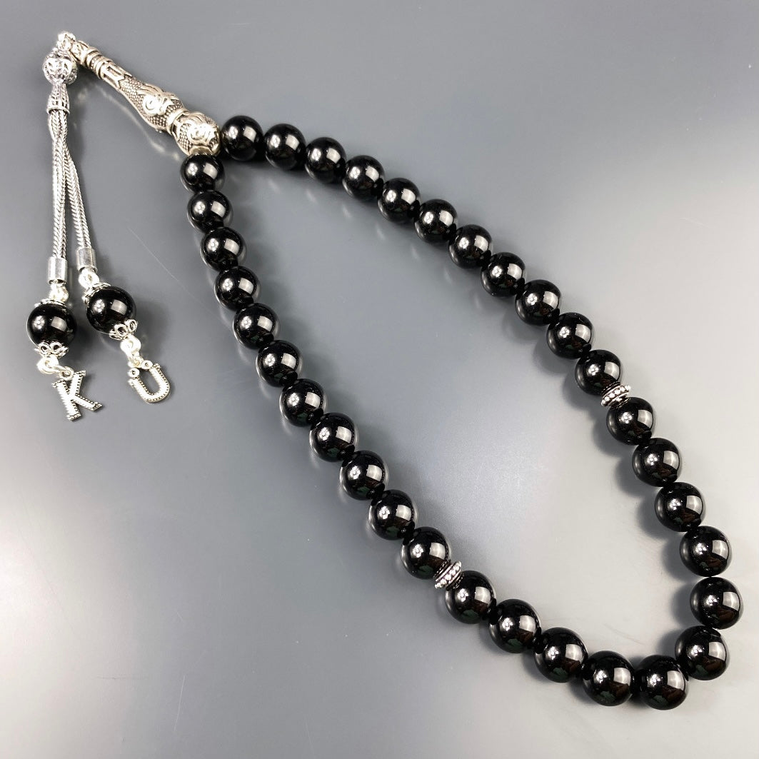 Tesbih / Gebetskette Onyx Glanz Tugra Logo 925 Silber 2 Buchstaben