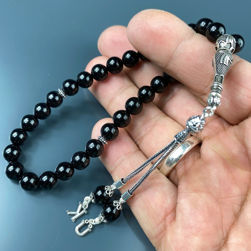 Tesbih / Gebetskette Onyx Glanz Tugra Logo 925 Silber 2 Buchstaben